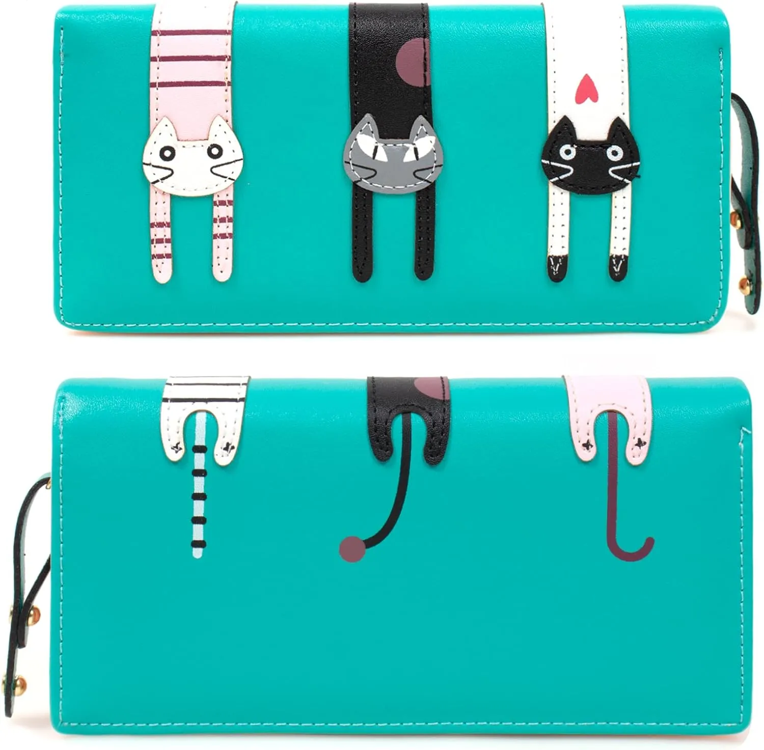 Mini Faux Leather Bifold Cute 3 Cat Zipper Clutch Wallet Handbag for Women Girls