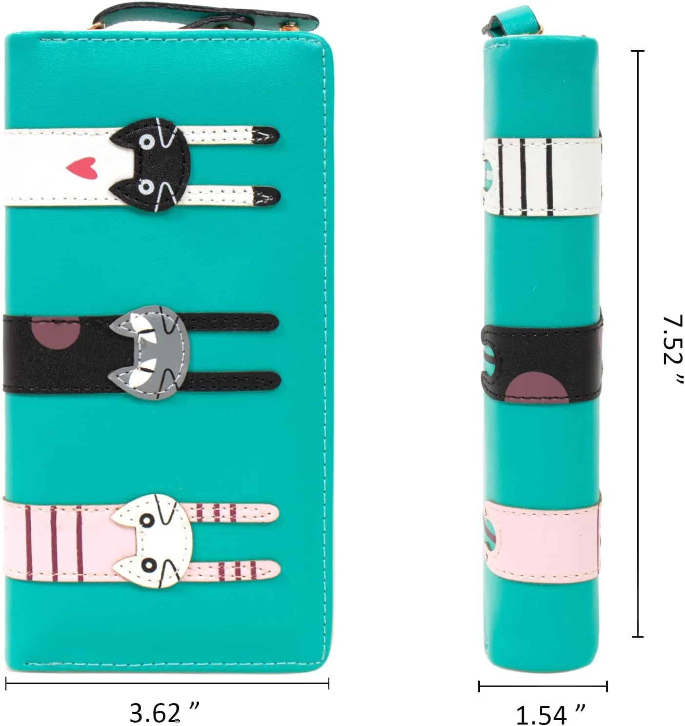 Mini Faux Leather Bifold Cute 3 Cat Zipper Clutch Wallet Handbag for Women Girls