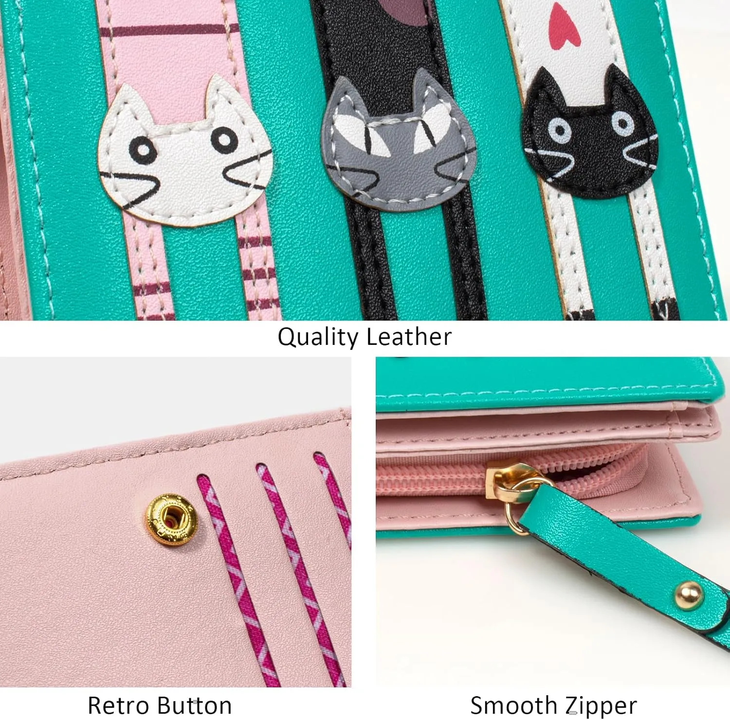 Mini Faux Leather Bifold Cute 3 Cat Zipper Clutch Wallet Handbag for Women Girls