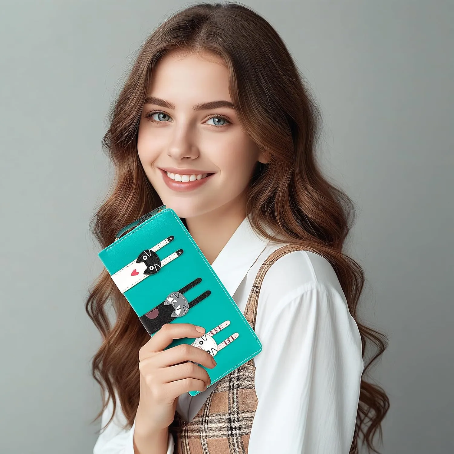 Mini Faux Leather Bifold Cute 3 Cat Zipper Clutch Wallet Handbag for Women Girls