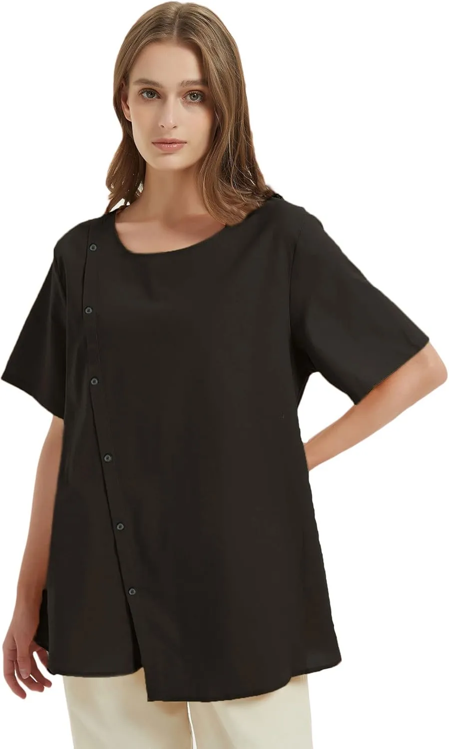 Minibee Women's Linen Blouse Tunic Short Sleeve Shirt Tops With Buttons Decoration