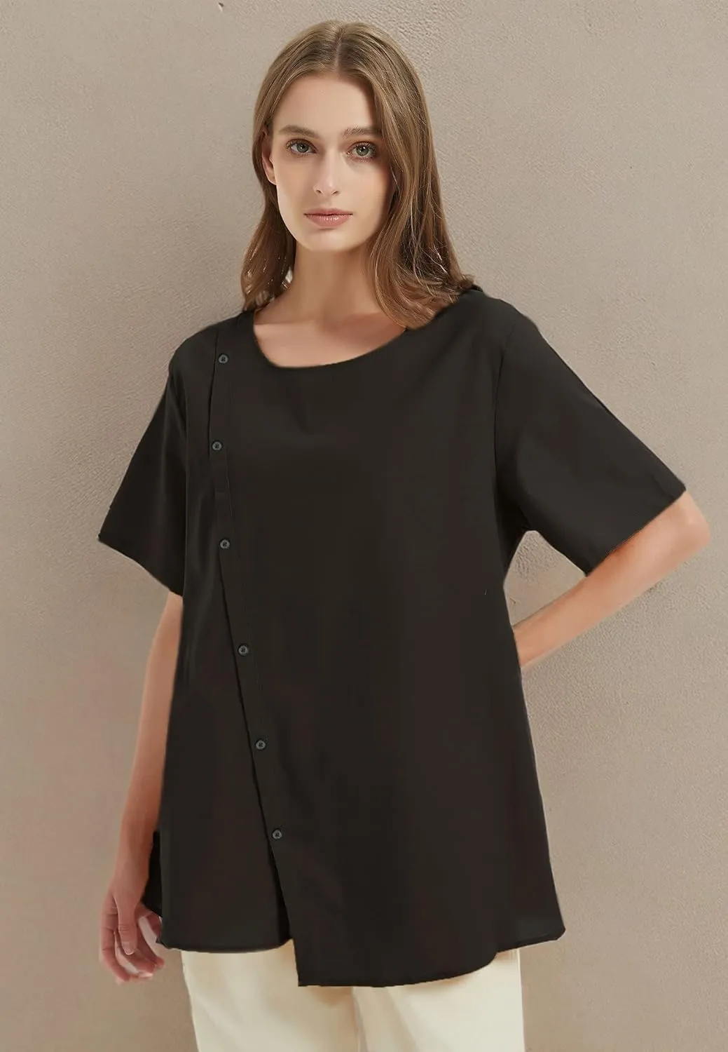 Minibee Women's Linen Blouse Tunic Short Sleeve Shirt Tops With Buttons Decoration