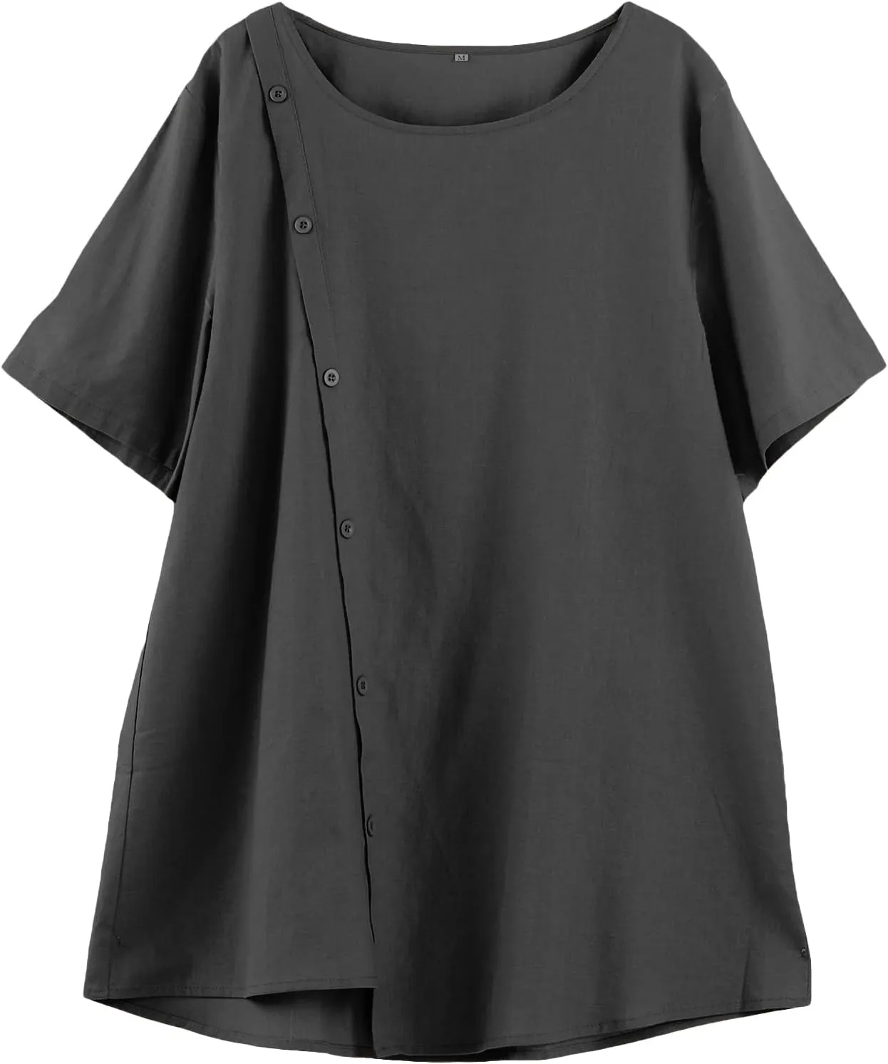 Minibee Women's Linen Blouse Tunic Short Sleeve Shirt Tops With Buttons Decoration