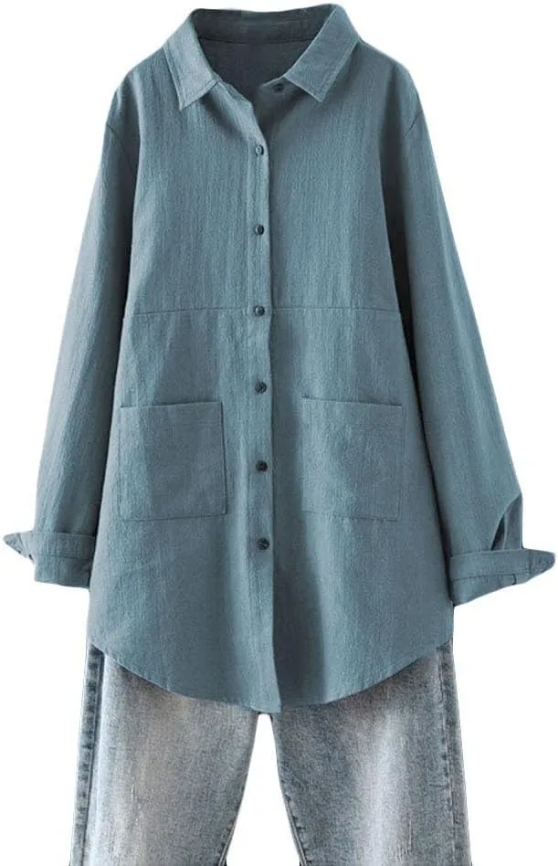 Minibee Women's Linen Shirts Button Down Long Tunic Tops Plus Size Blouse With Pockets