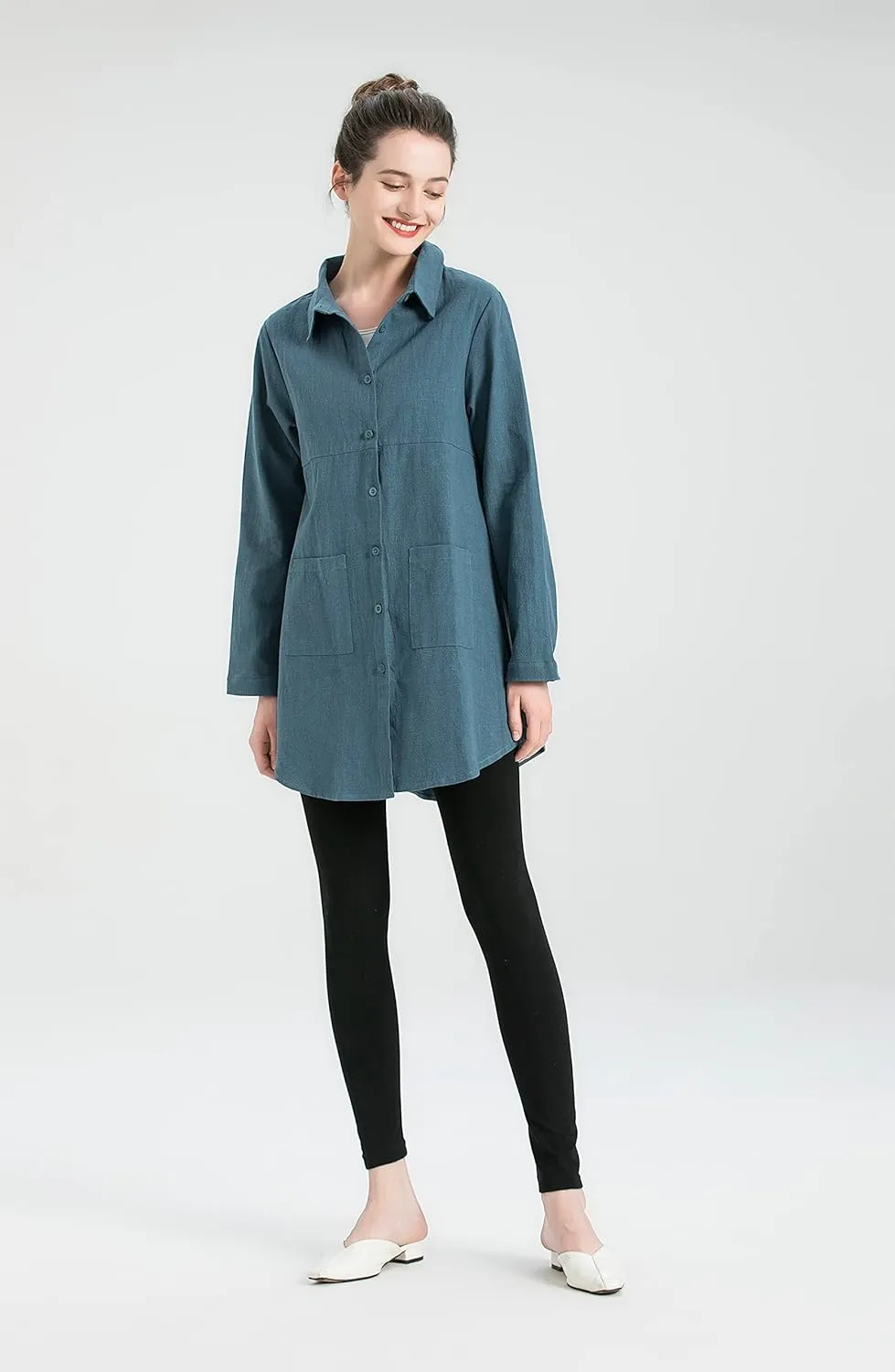 Minibee Women's Linen Shirts Button Down Long Tunic Tops Plus Size Blouse With Pockets