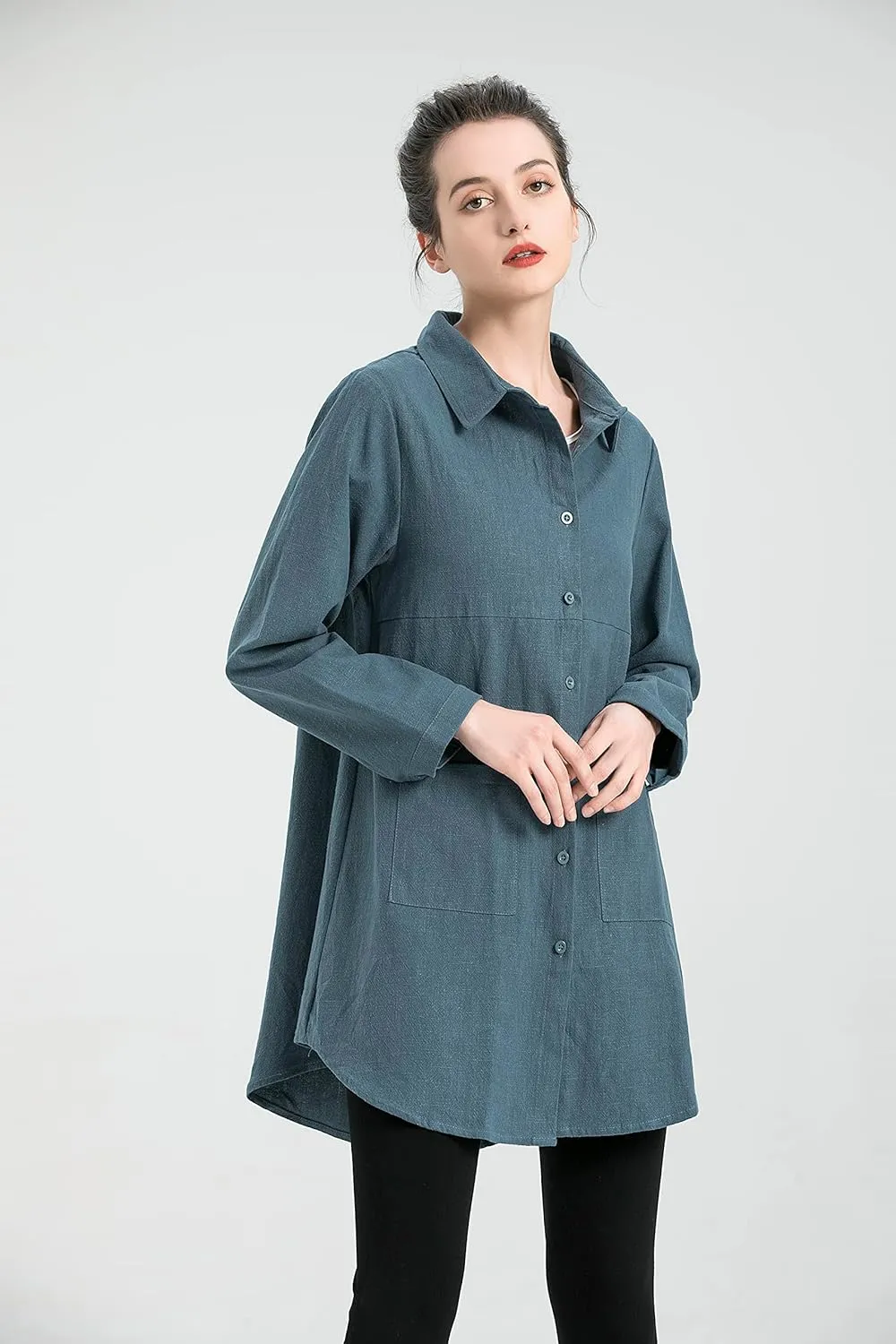 Minibee Women's Linen Shirts Button Down Long Tunic Tops Plus Size Blouse With Pockets