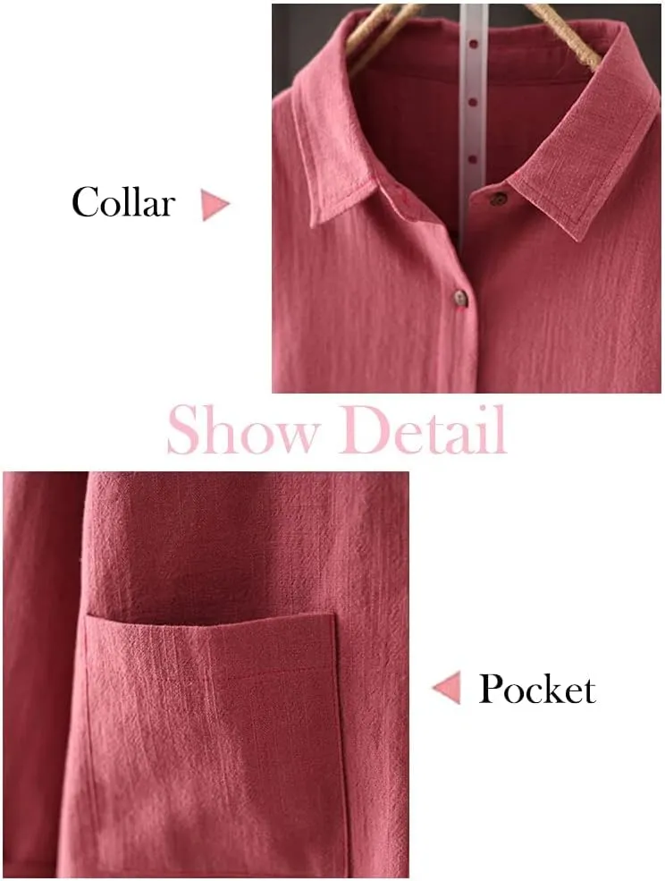 Minibee Women's Linen Shirts Button Down Long Tunic Tops Plus Size Blouse With Pockets
