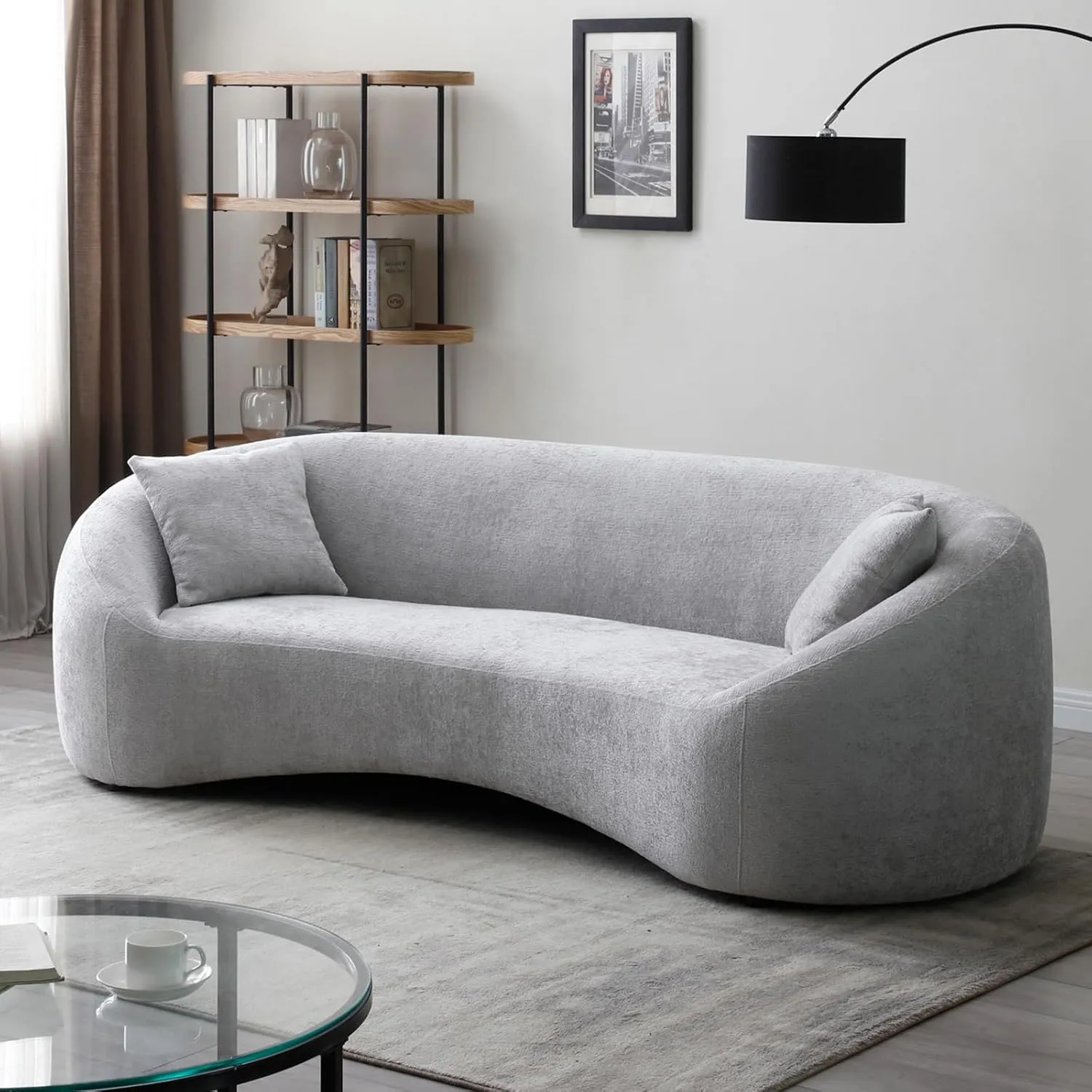 Minimalist Curved Sofa, 3 Seater, Chenille Velvet Fabric Upholstered Sofa, Tight Curved Back Velvet Cloud Couch for Living Room Apartment Office (Light Gray Chenille)