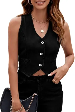 MINTLIMIT Women's Denim Vest Sleeveless V Neck Button Down Jean Waistcoat Y2K Cropped Denim Jacket Country Trendy Outfits
