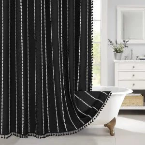 MitoVilla Black Boho Fabric Shower Curtain, Modern Farmhouse Shower Curtains for Vintage Rustic Bathroom Decor, Country Tassel Thick Cloth Shower Curtain, 72 x 72