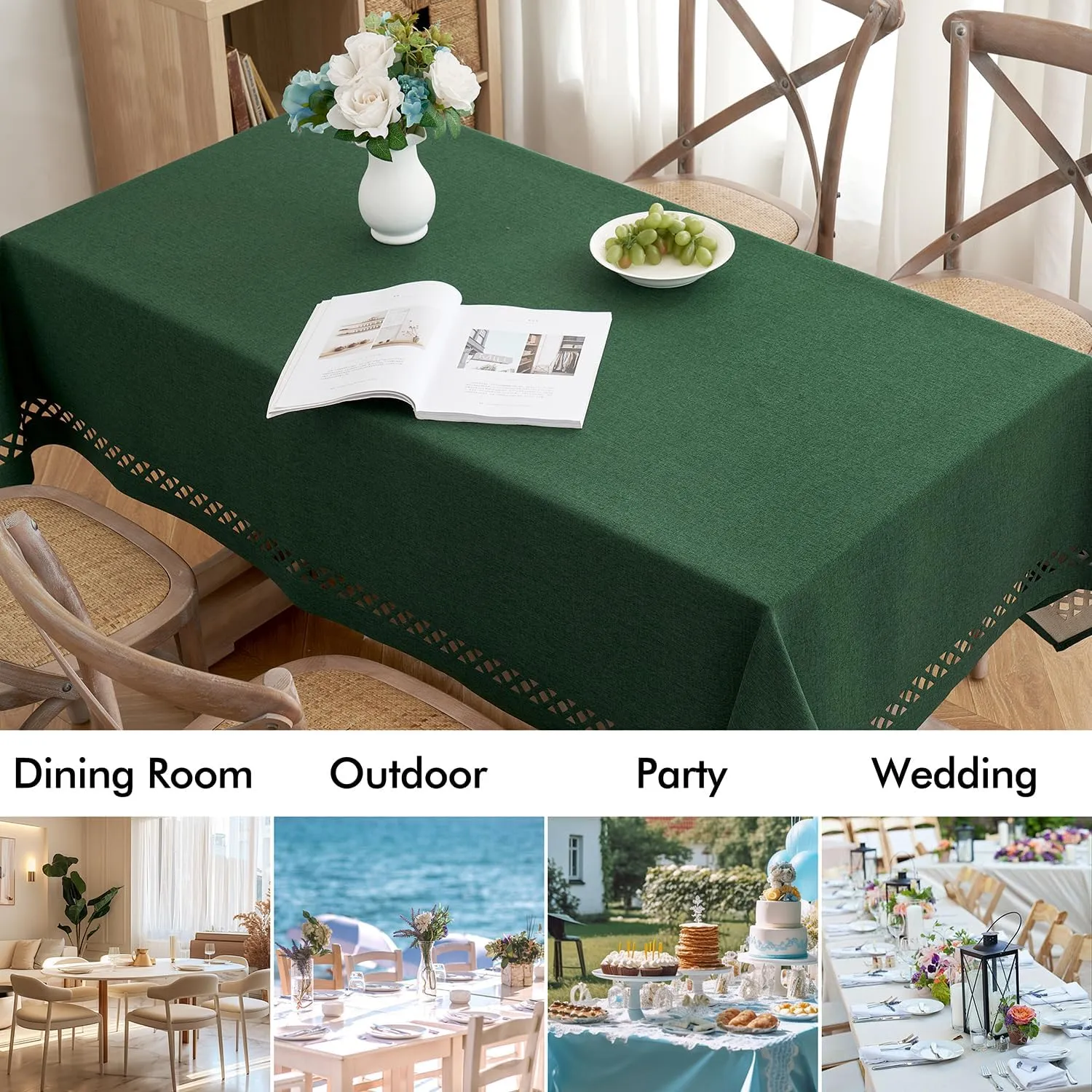 MIULEE Hunter Green Thick Polyester Linen Rectangle Tablecloth Decorative Cutouts Waterproof Stain and Wrinkle Resistant Table Cloth Christmas for Holiday Dining Party Buffet Wedding, 55 x 84 inch
