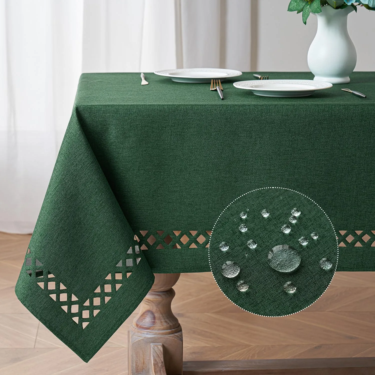 MIULEE Hunter Green Thick Polyester Linen Rectangle Tablecloth Decorative Cutouts Waterproof Stain and Wrinkle Resistant Table Cloth Christmas for Holiday Dining Party Buffet Wedding, 55 x 84 inch