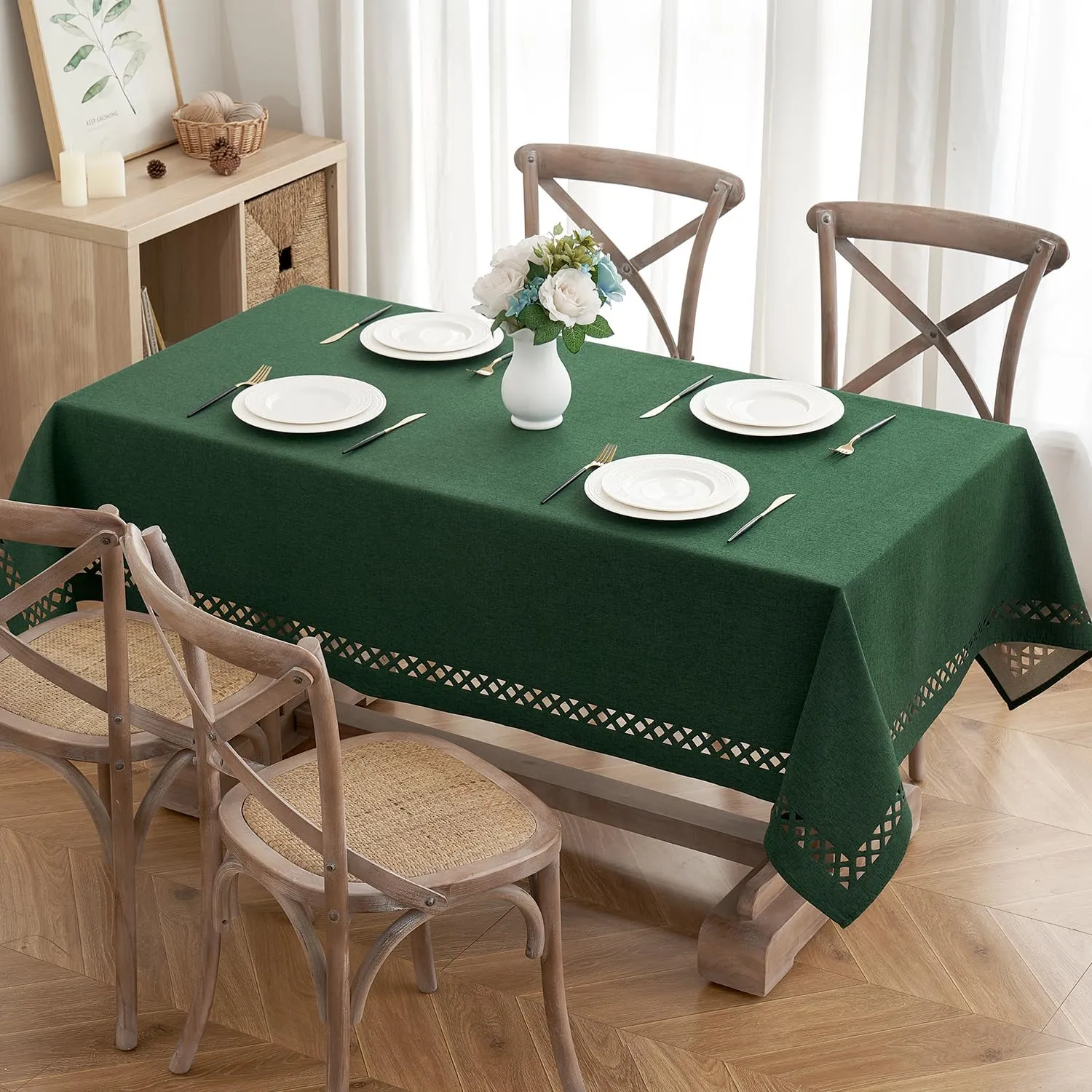 MIULEE Hunter Green Thick Polyester Linen Rectangle Tablecloth Decorative Cutouts Waterproof Stain and Wrinkle Resistant Table Cloth Christmas for Holiday Dining Party Buffet Wedding, 55 x 84 inch