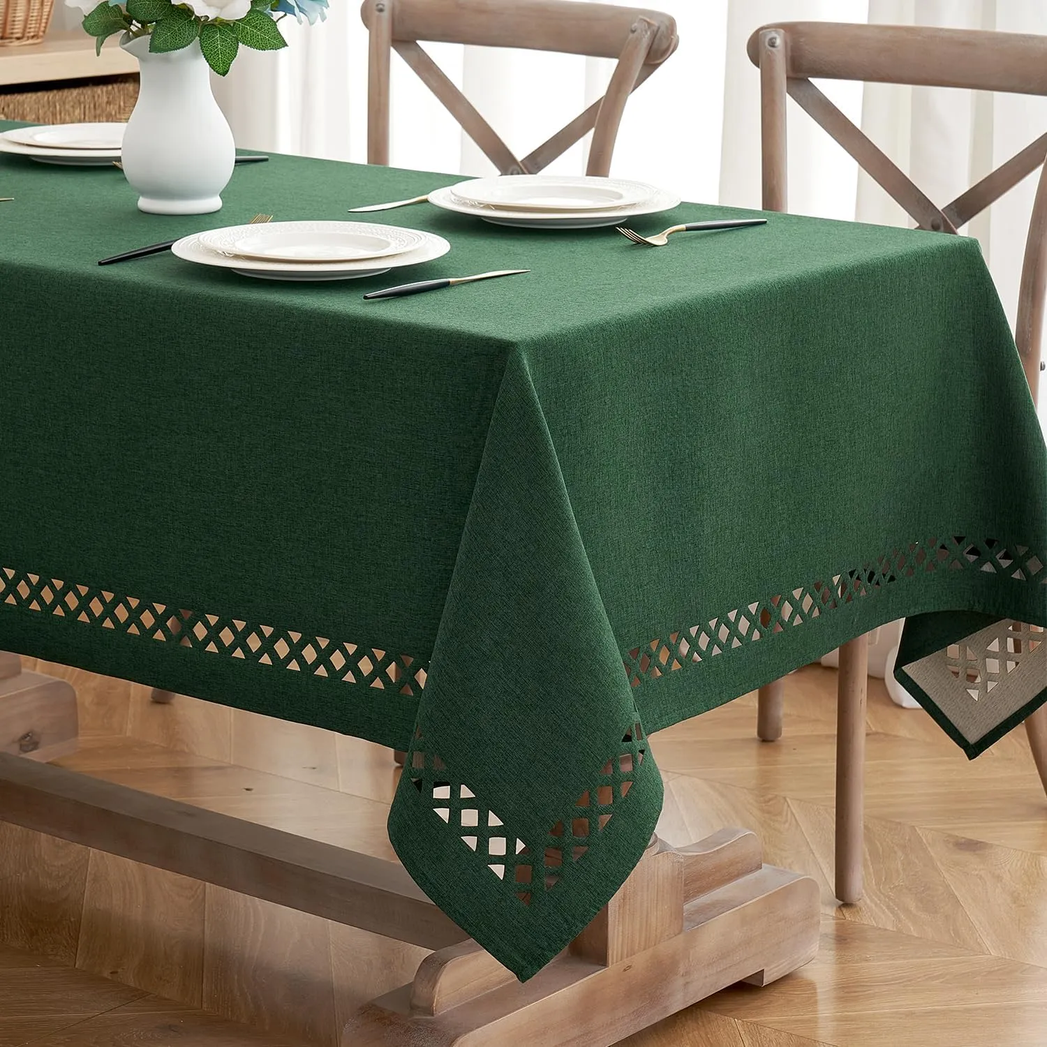MIULEE Hunter Green Thick Polyester Linen Rectangle Tablecloth Decorative Cutouts Waterproof Stain and Wrinkle Resistant Table Cloth Christmas for Holiday Dining Party Buffet Wedding, 55 x 84 inch