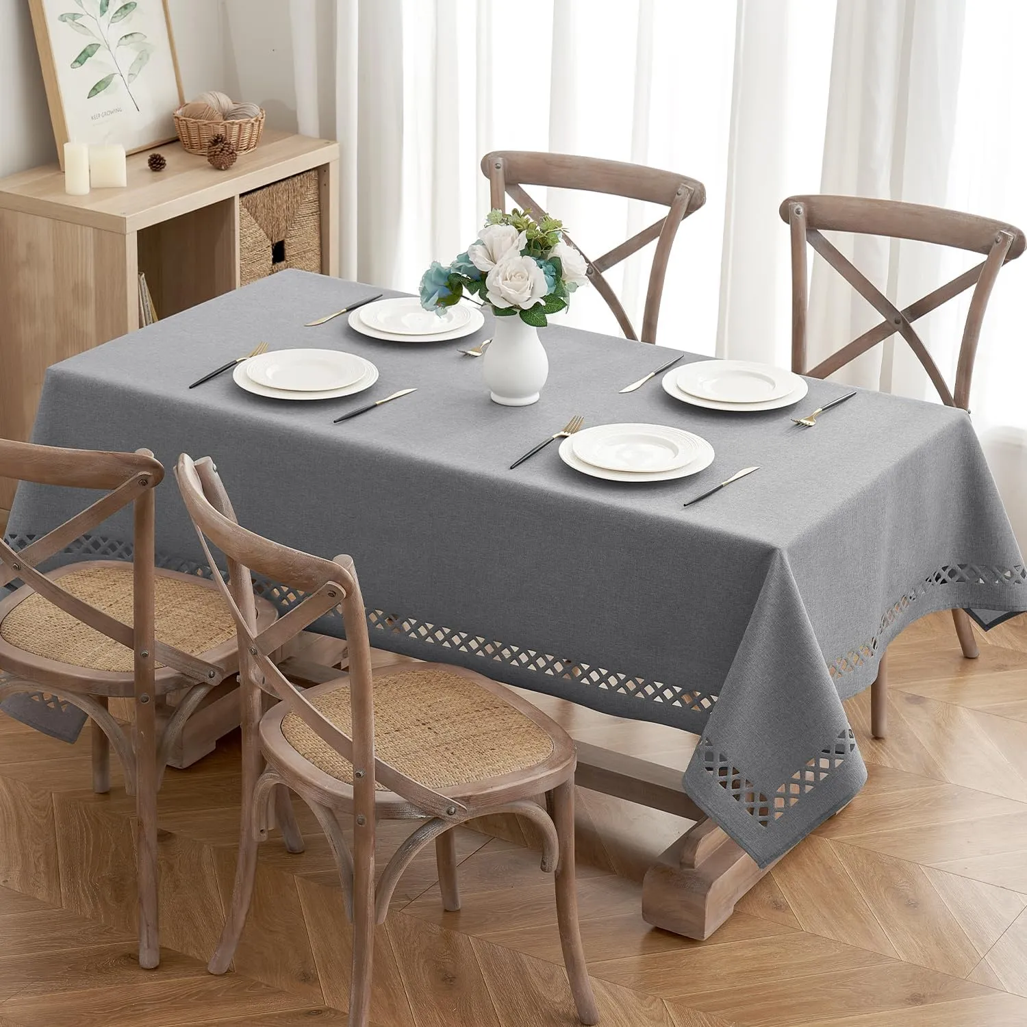 MIULEE Light Grey Thick Polyester Linen Rectangle Tablecloth Decorative Cutouts Waterproof Stain and Wrinkle Resistant Table Cloth Table Cover for Dining Party Buffet Camping Wedding, 52 x 70 inch