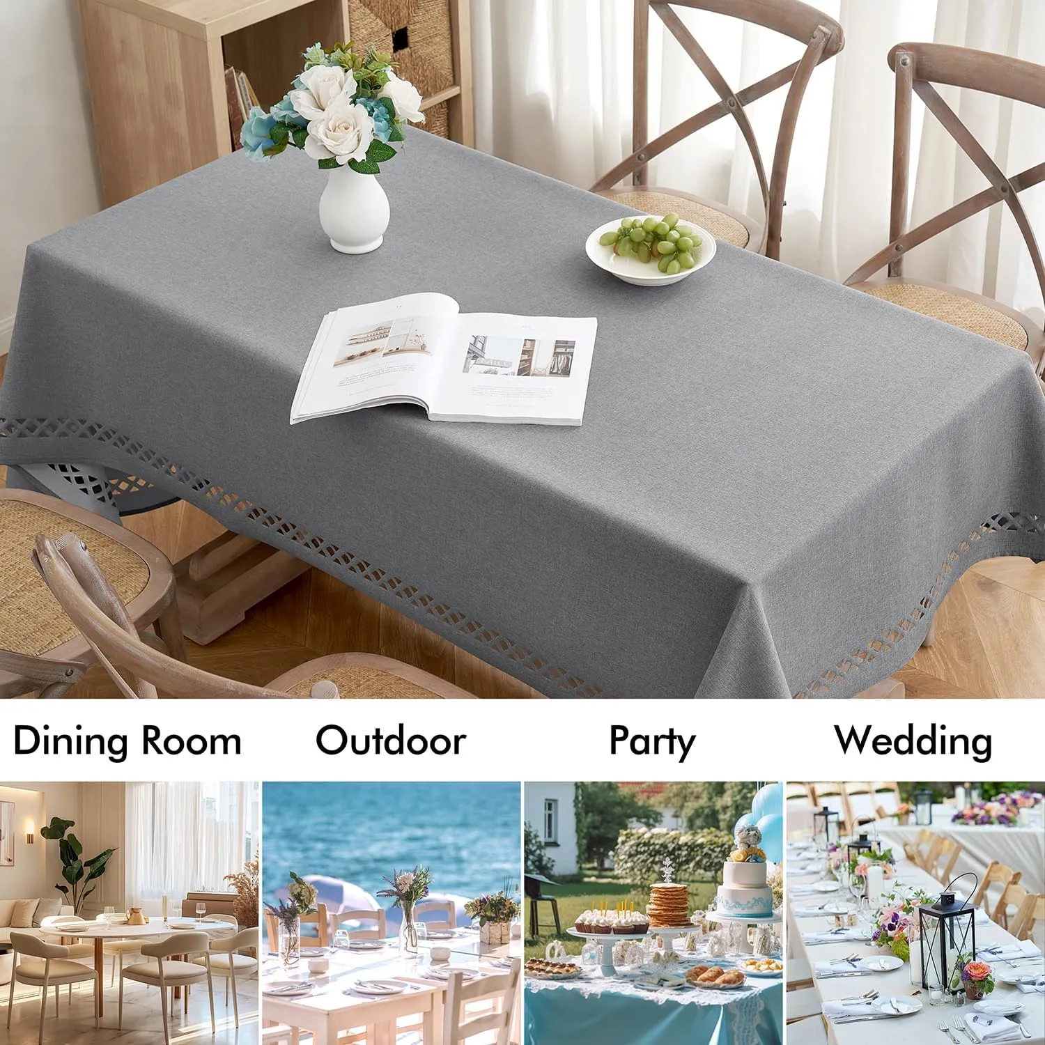 MIULEE Light Grey Thick Polyester Linen Rectangle Tablecloth Decorative Cutouts Waterproof Stain and Wrinkle Resistant Table Cloth Table Cover for Dining Party Buffet Camping Wedding, 52 x 70 inch