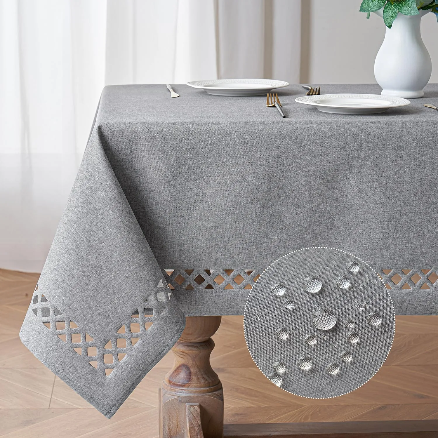 MIULEE Light Grey Thick Polyester Linen Rectangle Tablecloth Decorative Cutouts Waterproof Stain and Wrinkle Resistant Table Cloth Table Cover for Dining Party Buffet Camping Wedding, 52 x 70 inch