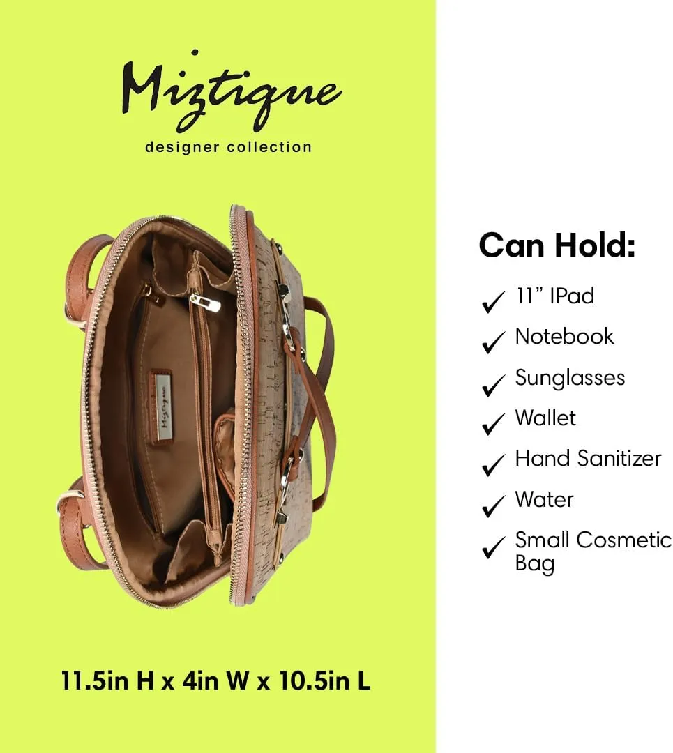 Miztique The Daisy Cork Convertible Backpack Purse for Women (Tan) | Cork Shoulder Strap Bag or Convertible Backpack | 10.5in x 4in x 11.5in |