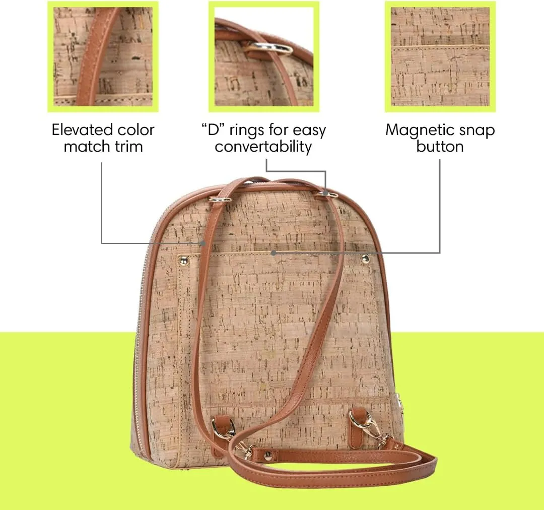 Miztique The Daisy Cork Convertible Backpack Purse for Women (Tan) | Cork Shoulder Strap Bag or Convertible Backpack | 10.5in x 4in x 11.5in |
