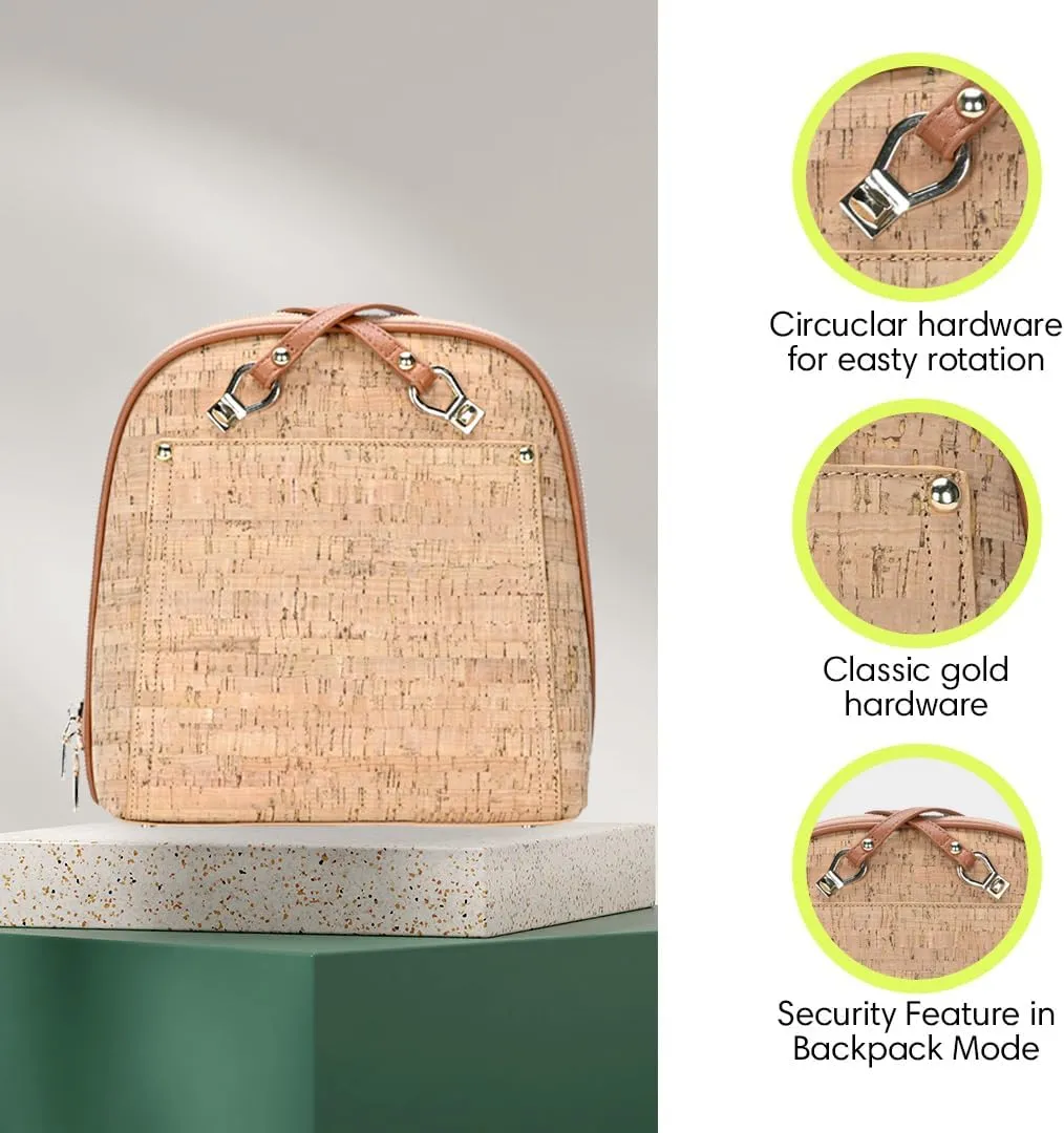 Miztique The Daisy Cork Convertible Backpack Purse for Women (Tan) | Cork Shoulder Strap Bag or Convertible Backpack | 10.5in x 4in x 11.5in |