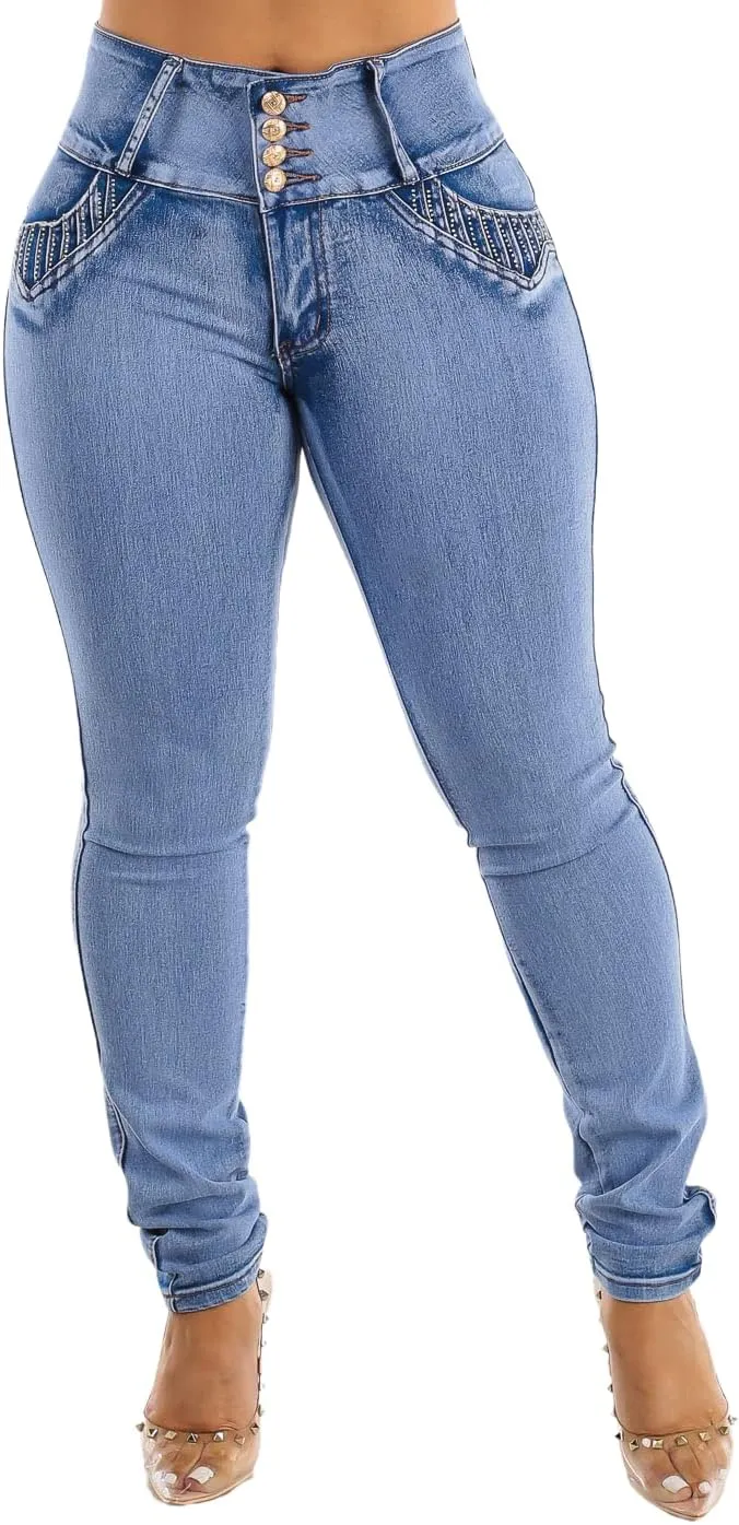 Moda Xpress Women Juniors High Waisted, Mid Rise Butt Lifting Colombian Design Skinny Jeans 10623N