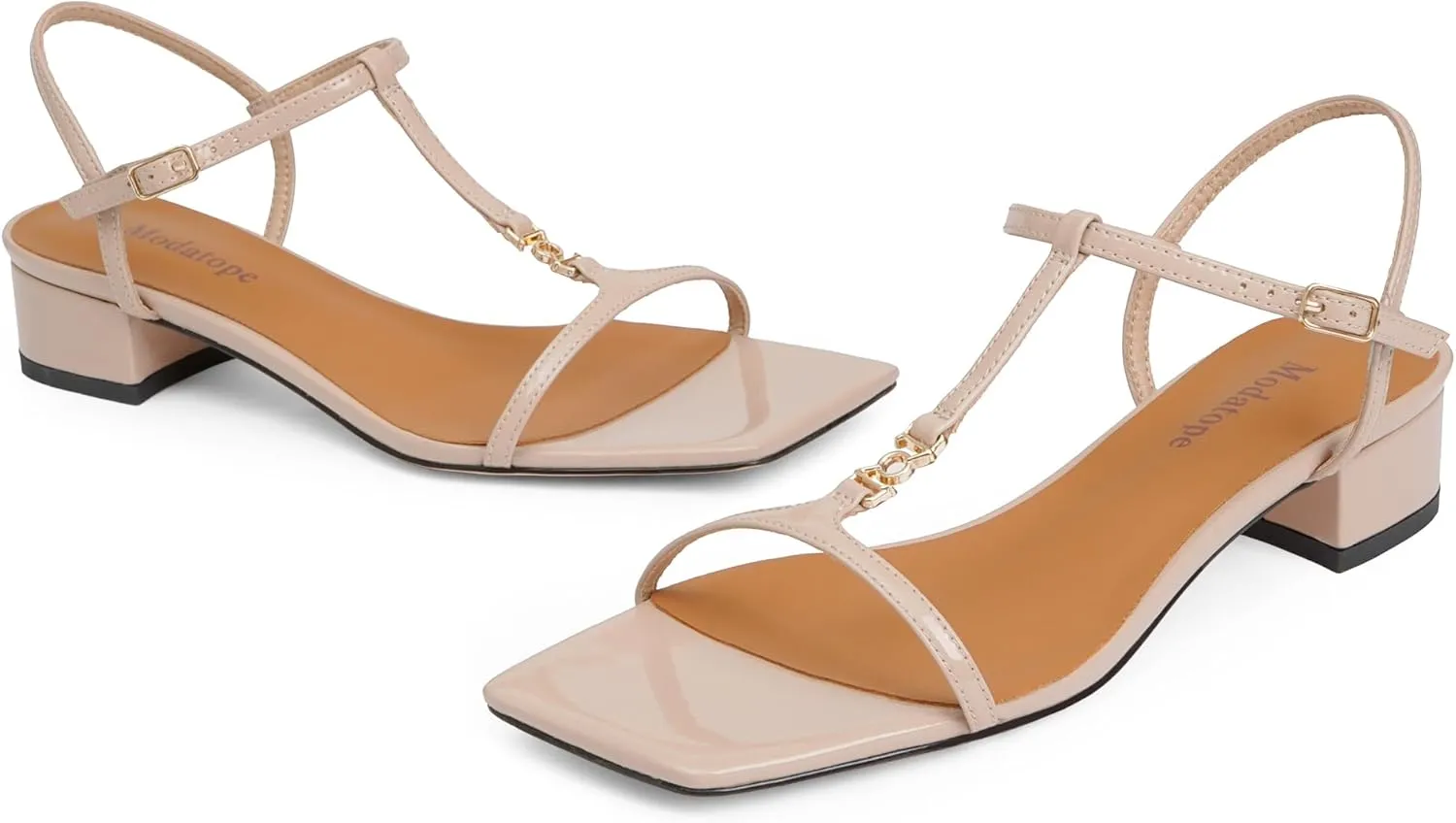 Modatope T-Strap Heels for Women, with Square Open Toe and Chunky Low Heel Design