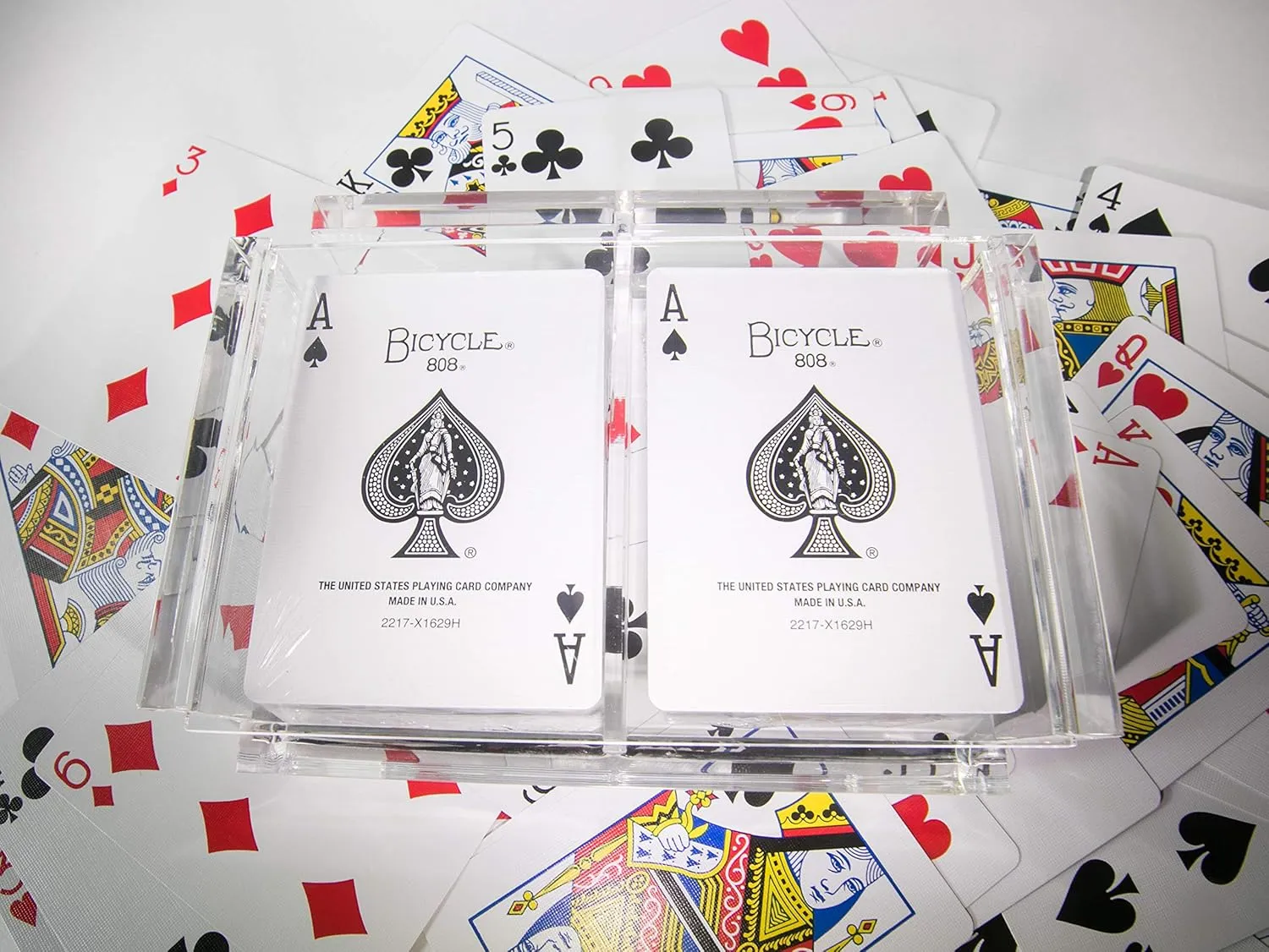 Modern Elegant Playing Card Deck Holder Tray with 2 Decks of Playing Cards in Unique Stylish Deluxe Acrylic Box with Color lid (Neon Orange)