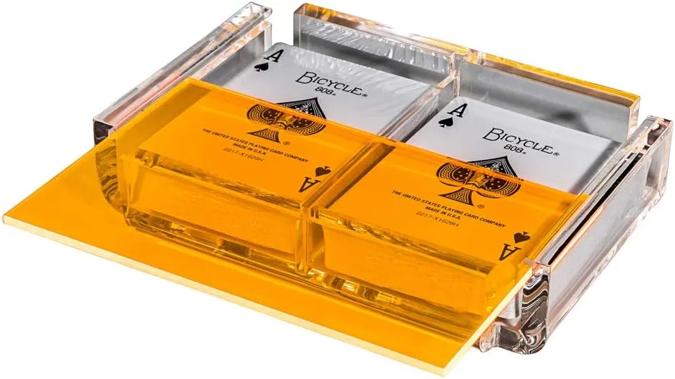 Modern Elegant Playing Card Deck Holder Tray with 2 Decks of Playing Cards in Unique Stylish Deluxe Acrylic Box with Color lid (Neon Orange)