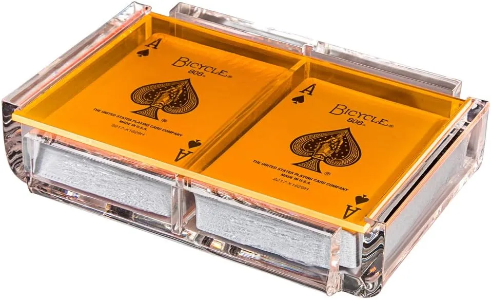Modern Elegant Playing Card Deck Holder Tray with 2 Decks of Playing Cards in Unique Stylish Deluxe Acrylic Box with Color lid (Neon Orange)