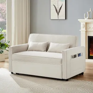 Modern Linen Convertible Loveseat Sleeper Sofa with Adjustable Backrest, 2 Seater Pull-Out Bed, Ivory