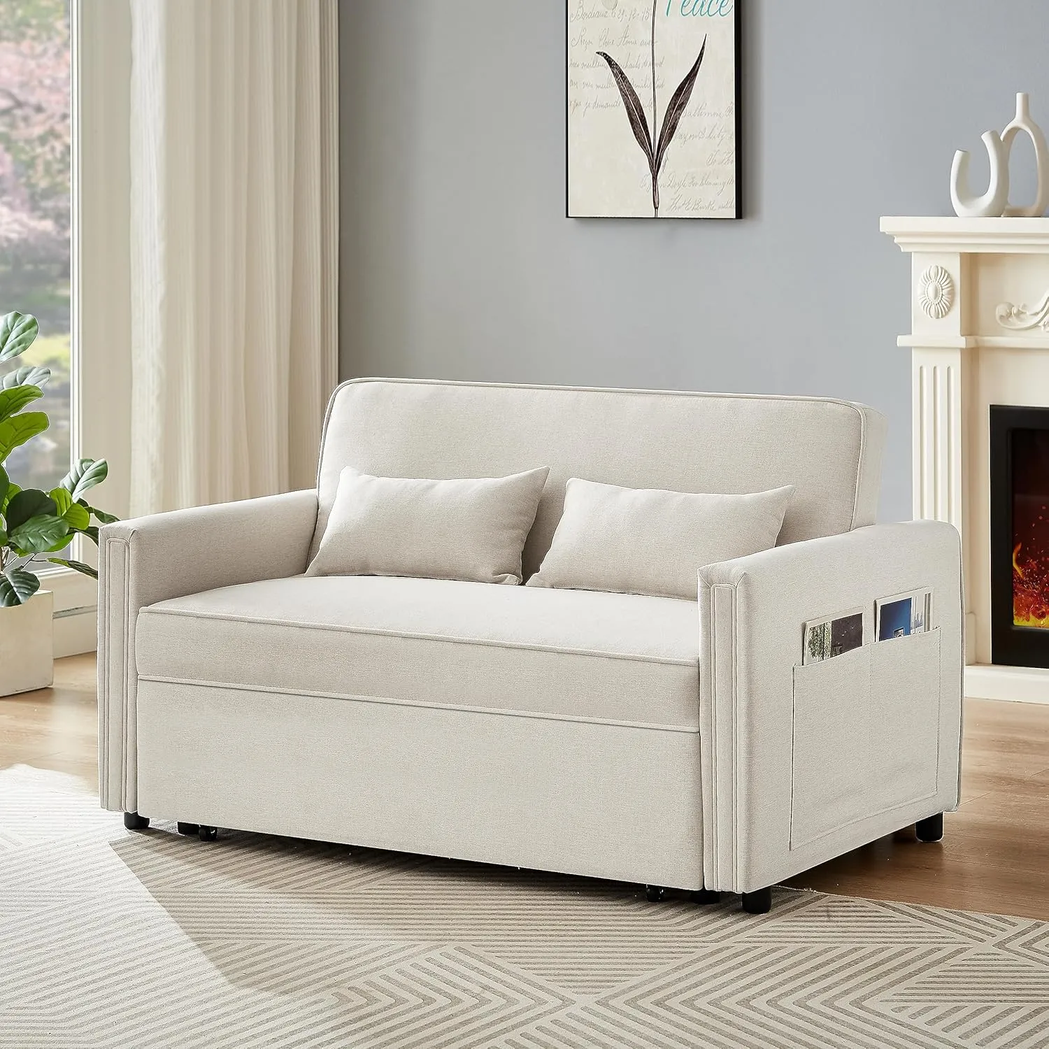 Modern Linen Convertible Loveseat Sleeper Sofa with Adjustable Backrest, 2 Seater Pull-Out Bed, Ivory