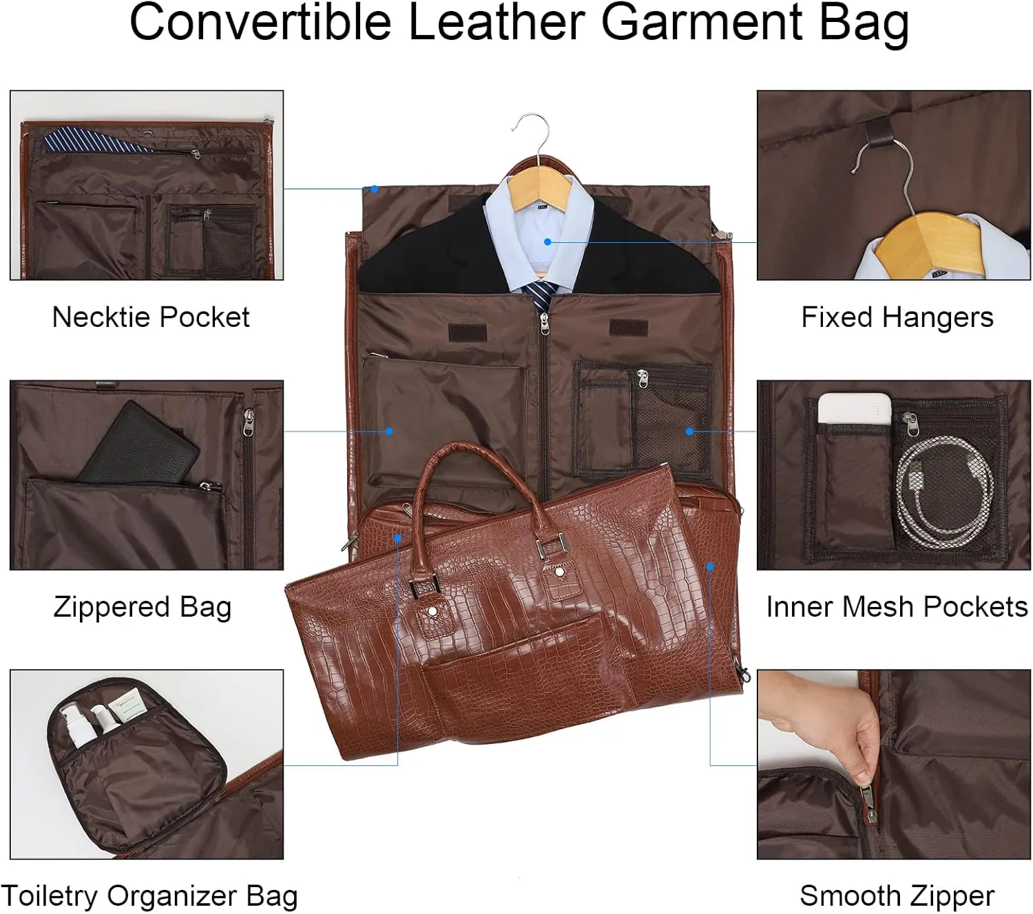 Modoker Convertible Leather Garment Bag, Carry on Garment Bags for Travel Waterproof Garment Duffel Bag Gifts for Men Women Business - 2 in 1 Hanging Suitcase Suit Travel Bags in Light Brown…