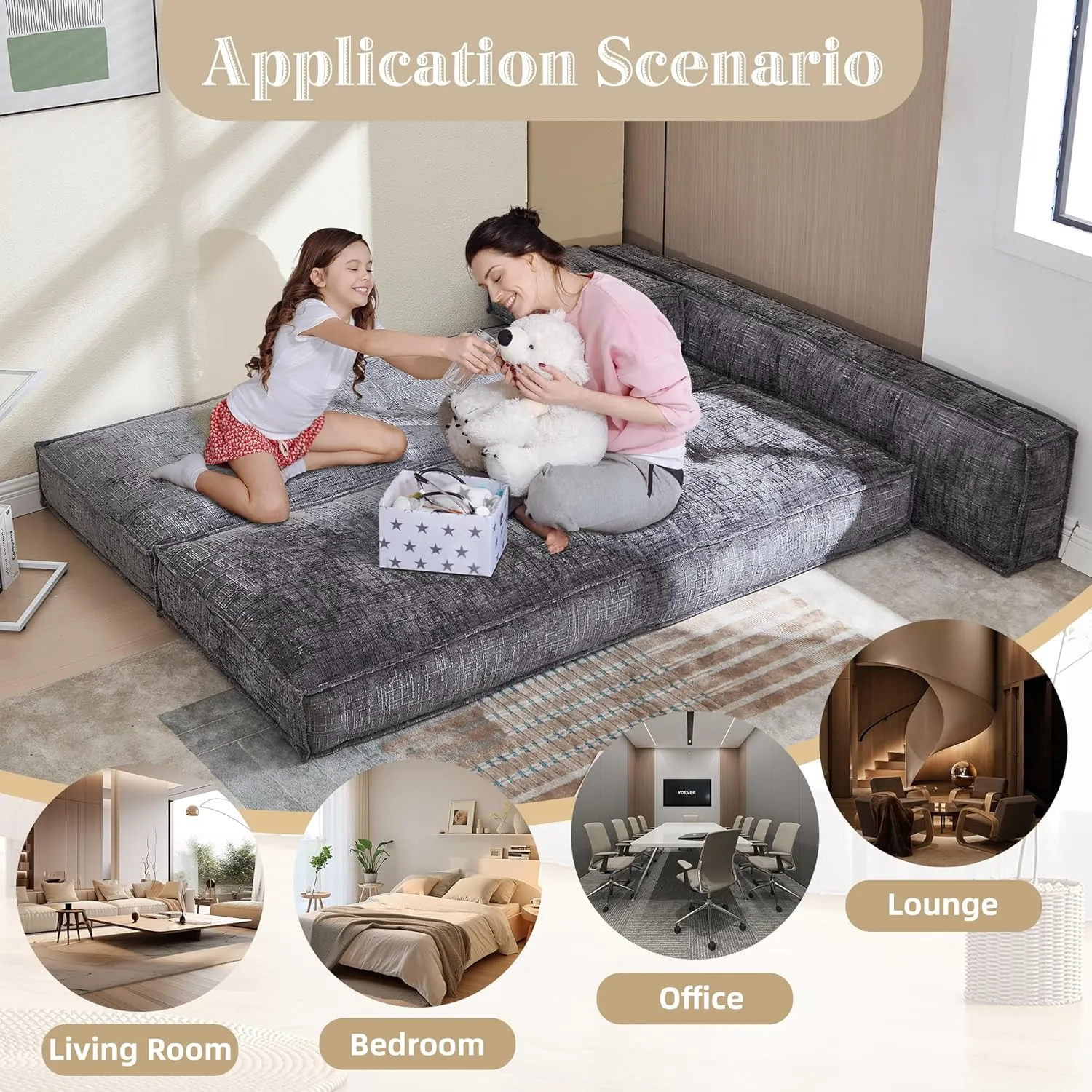 Modular Couch Convertible Sleeper Floor Sofa Bed, Chenille Folding Mattress Couch with Side Bag Storage, 4-in-1 Combined Lazy Sofa for Living Room Bedroom Small Space,Drak Gray