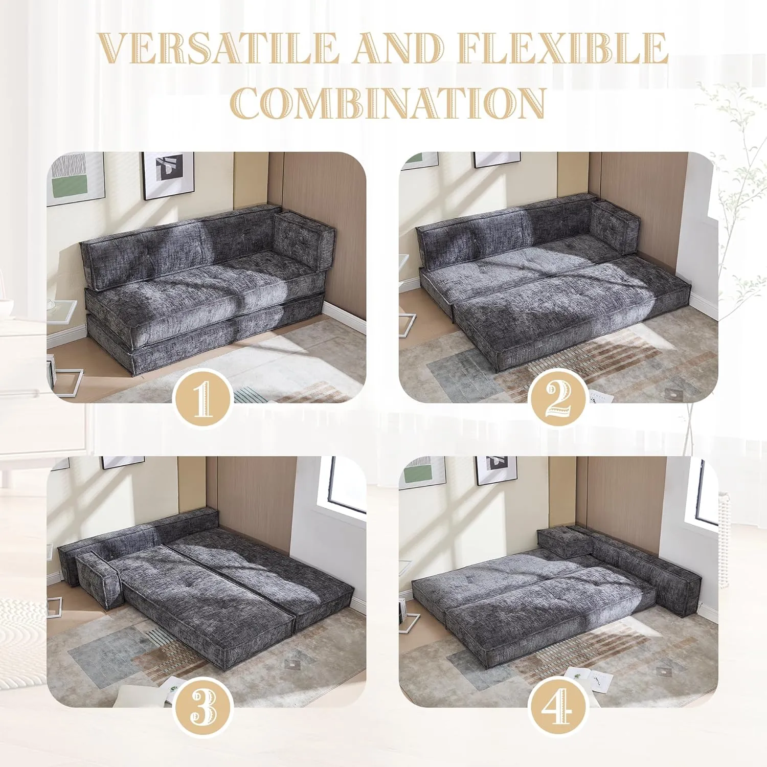 Modular Couch Convertible Sleeper Floor Sofa Bed, Chenille Folding Mattress Couch with Side Bag Storage, 4-in-1 Combined Lazy Sofa for Living Room Bedroom Small Space,Drak Gray