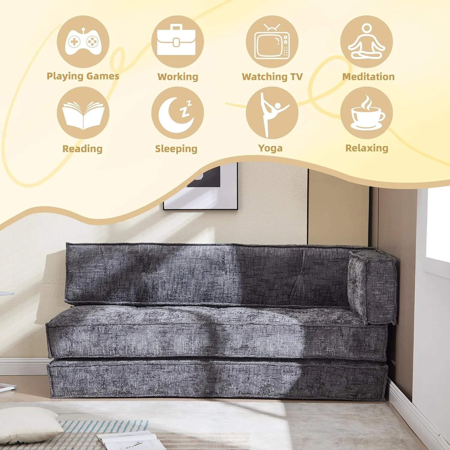 Modular Couch Convertible Sleeper Floor Sofa Bed, Chenille Folding Mattress Couch with Side Bag Storage, 4-in-1 Combined Lazy Sofa for Living Room Bedroom Small Space,Drak Gray