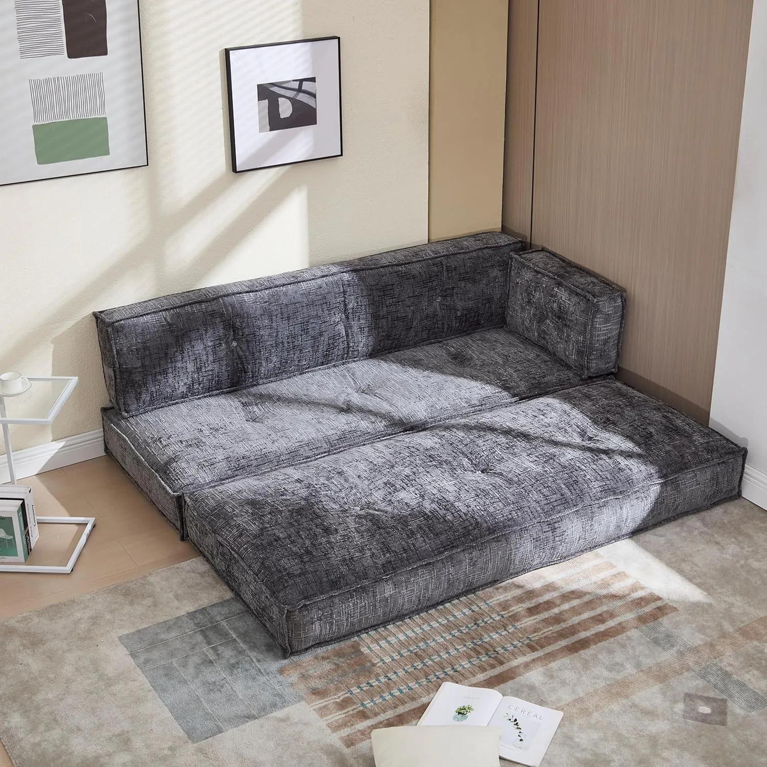 Modular Couch Convertible Sleeper Floor Sofa Bed, Chenille Folding Mattress Couch with Side Bag Storage, 4-in-1 Combined Lazy Sofa for Living Room Bedroom Small Space,Drak Gray