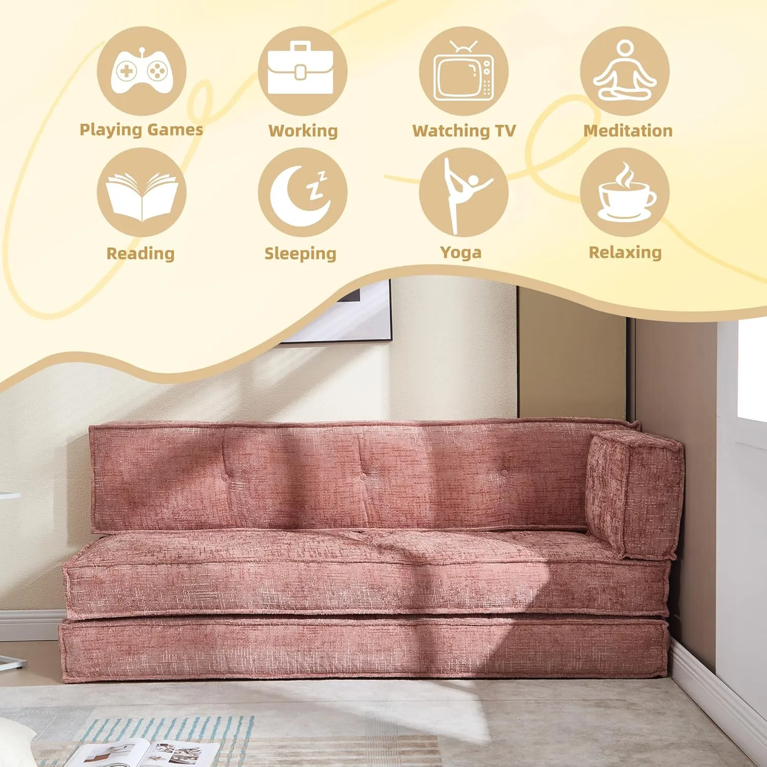 Modular Couch Convertible Sleeper Floor Sofa Bed, Chenille Folding Mattress Couch with Side Bag Storage, 4-in-1 Combined Lazy Sofa for Living Room Bedroom Small Space,Pink