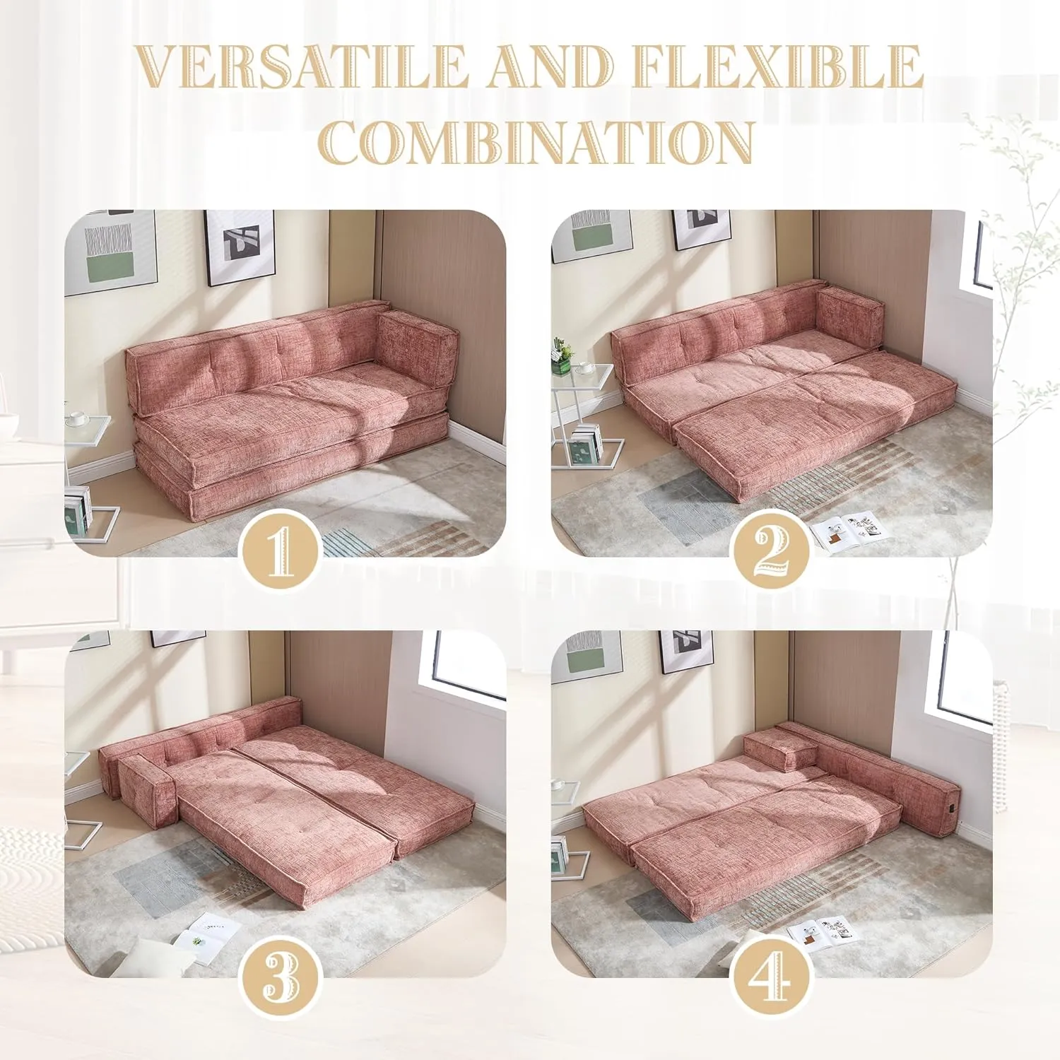 Modular Couch Convertible Sleeper Floor Sofa Bed, Chenille Folding Mattress Couch with Side Bag Storage, 4-in-1 Combined Lazy Sofa for Living Room Bedroom Small Space,Pink