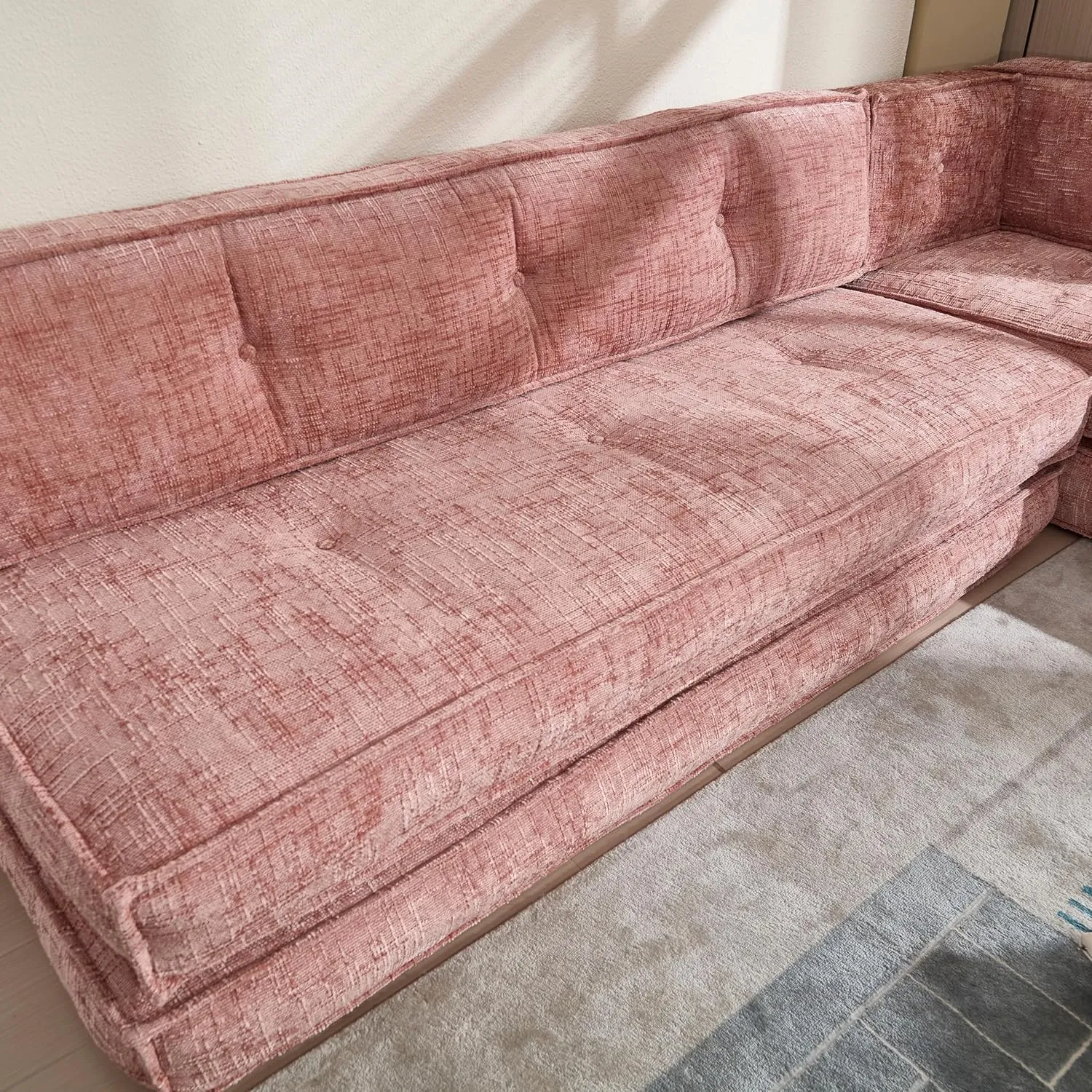 Modular Couch Convertible Sleeper Floor Sofa Bed, Chenille Folding Mattress Couch with Side Bag Storage, 4-in-1 Combined Lazy Sofa for Living Room Bedroom Small Space,Pink