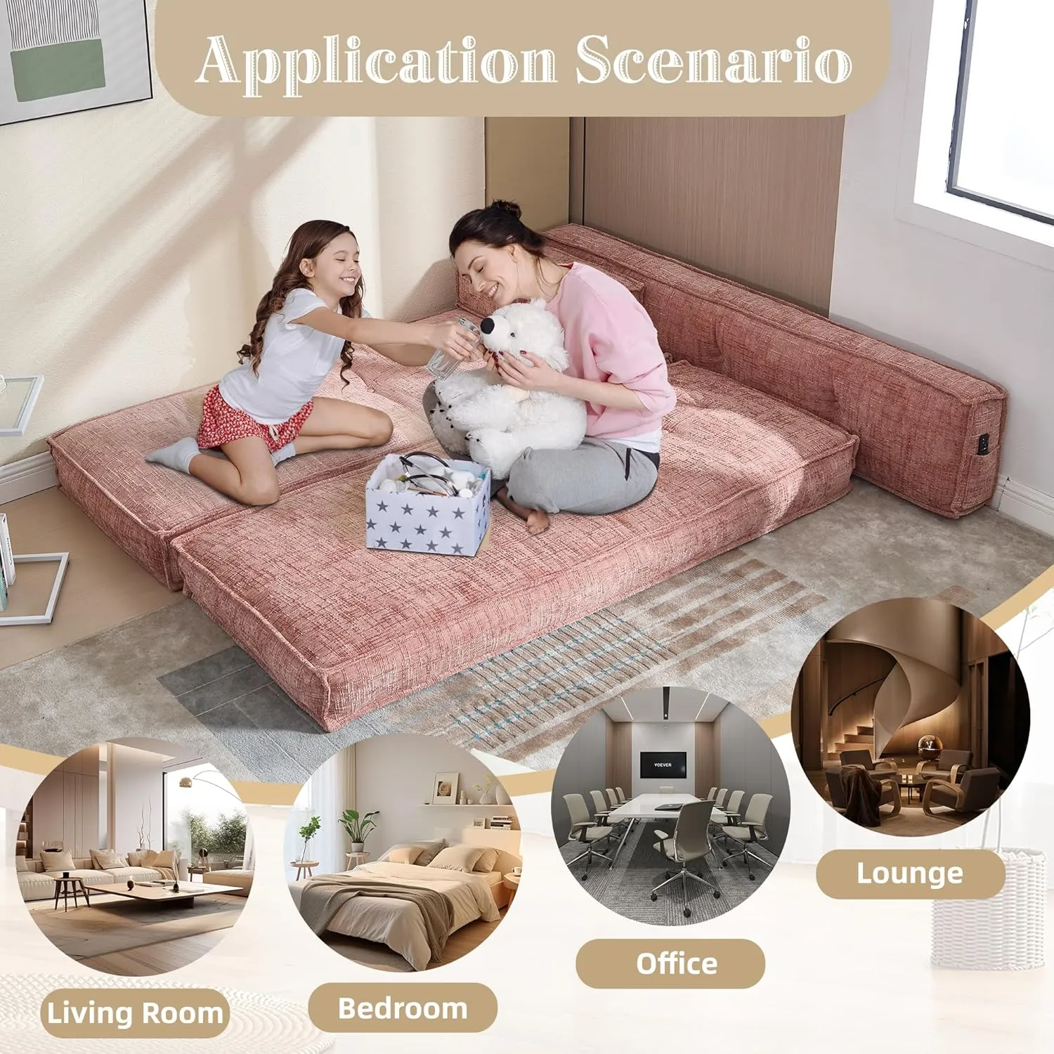 Modular Couch Convertible Sleeper Floor Sofa Bed, Chenille Folding Mattress Couch with Side Bag Storage, 4-in-1 Combined Lazy Sofa for Living Room Bedroom Small Space,Pink
