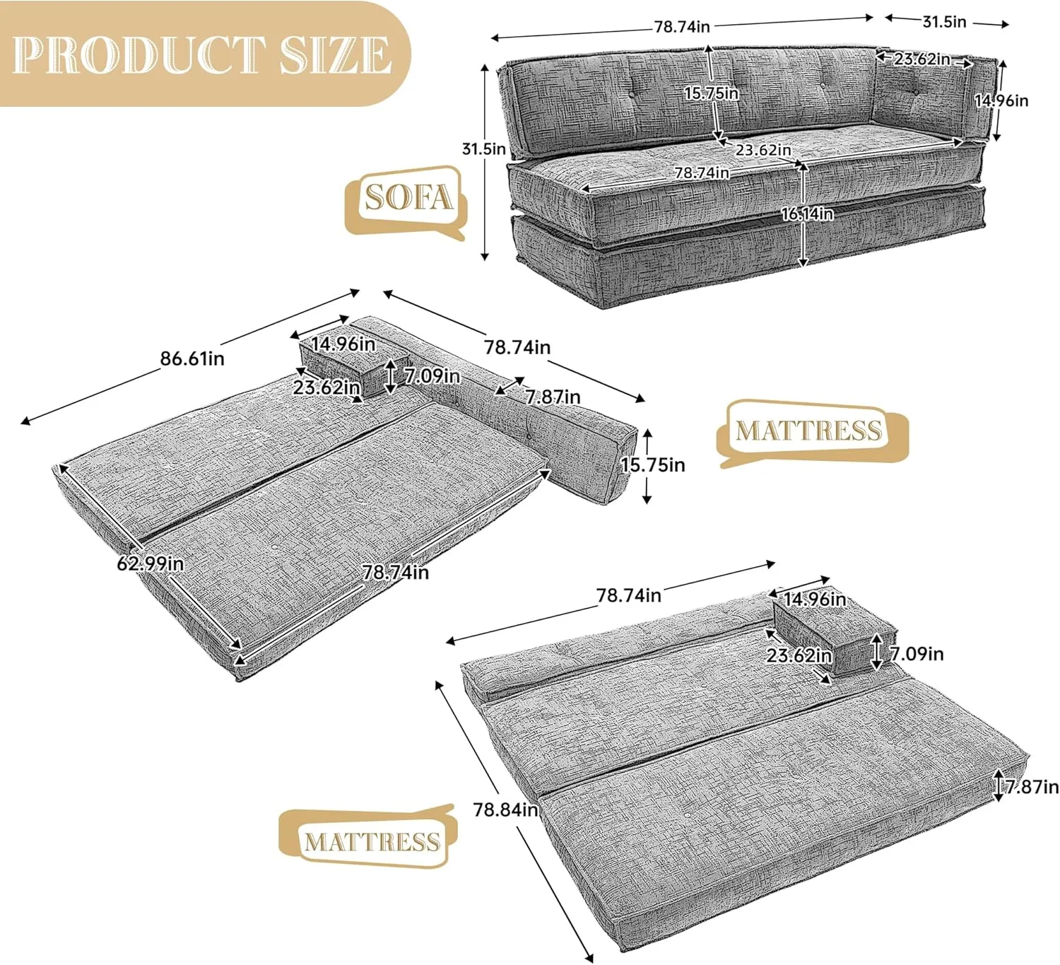 Modular Couch Convertible Sleeper Floor Sofa Bed, Chenille Folding Mattress Couch with Side Bag Storage, 4-in-1 Combined Lazy Sofa for Living Room Bedroom Small Space,Yellow