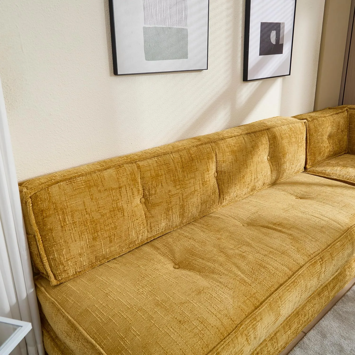 Modular Couch Convertible Sleeper Floor Sofa Bed, Chenille Folding Mattress Couch with Side Bag Storage, 4-in-1 Combined Lazy Sofa for Living Room Bedroom Small Space,Yellow