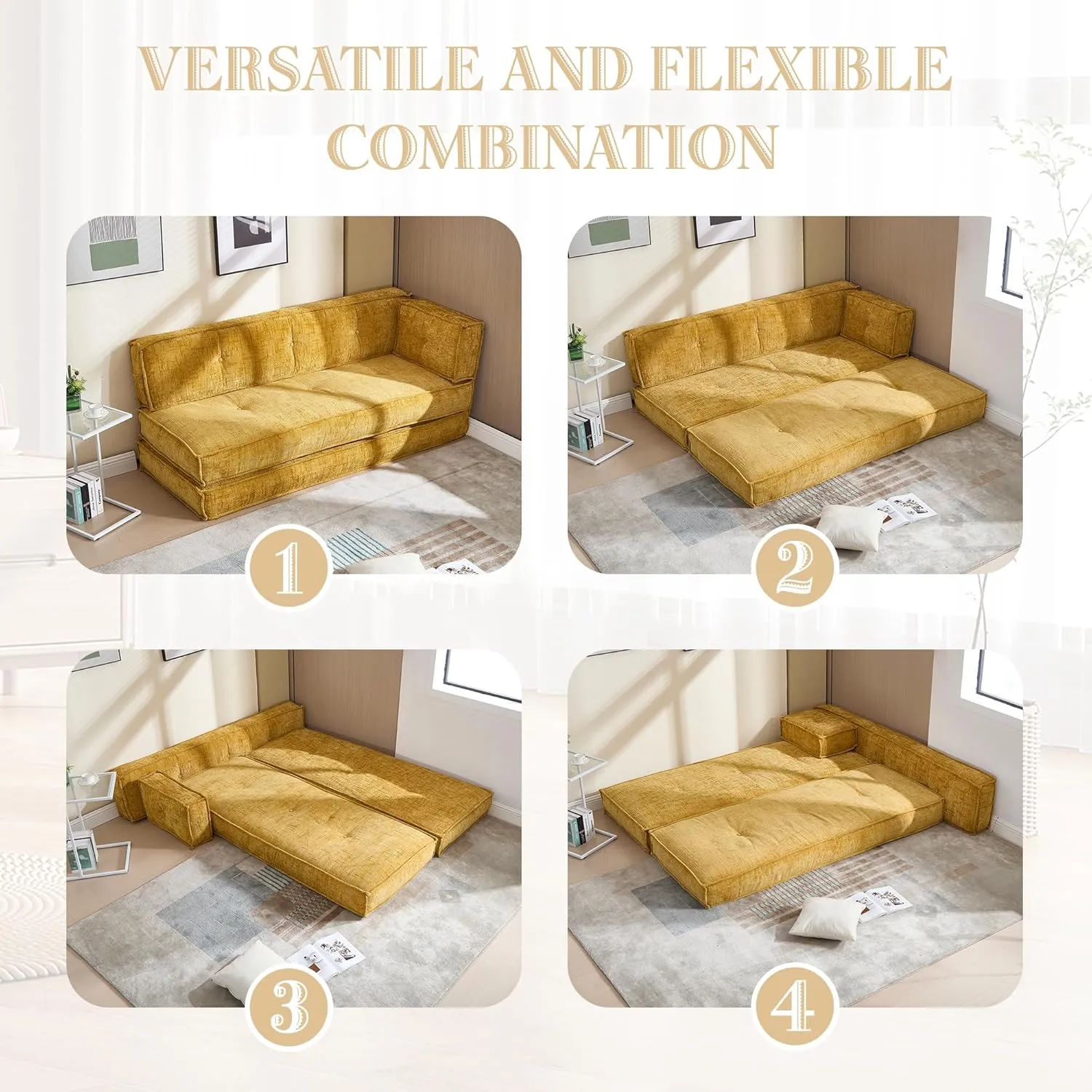 Modular Couch Convertible Sleeper Floor Sofa Bed, Chenille Folding Mattress Couch with Side Bag Storage, 4-in-1 Combined Lazy Sofa for Living Room Bedroom Small Space,Yellow
