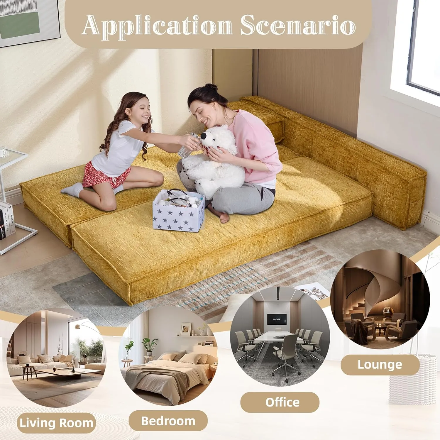 Modular Couch Convertible Sleeper Floor Sofa Bed, Chenille Folding Mattress Couch with Side Bag Storage, 4-in-1 Combined Lazy Sofa for Living Room Bedroom Small Space,Yellow