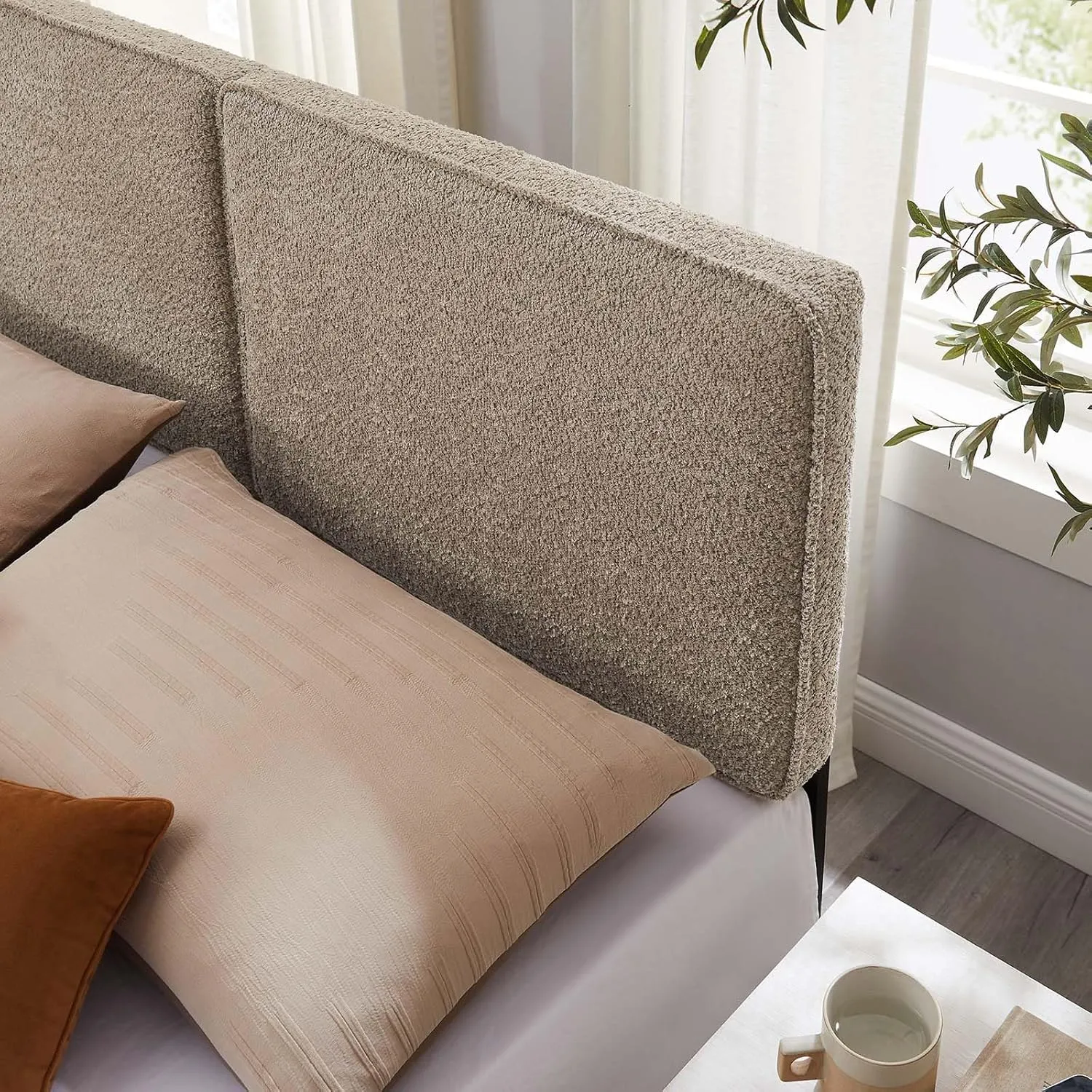 Modway Lindee Full Size Upholstered Headboard with Tan Vegan Leather - Modern Faux Leather Full Headboard with Height-Adjustable Mounting Positions - Padded Pillow Style