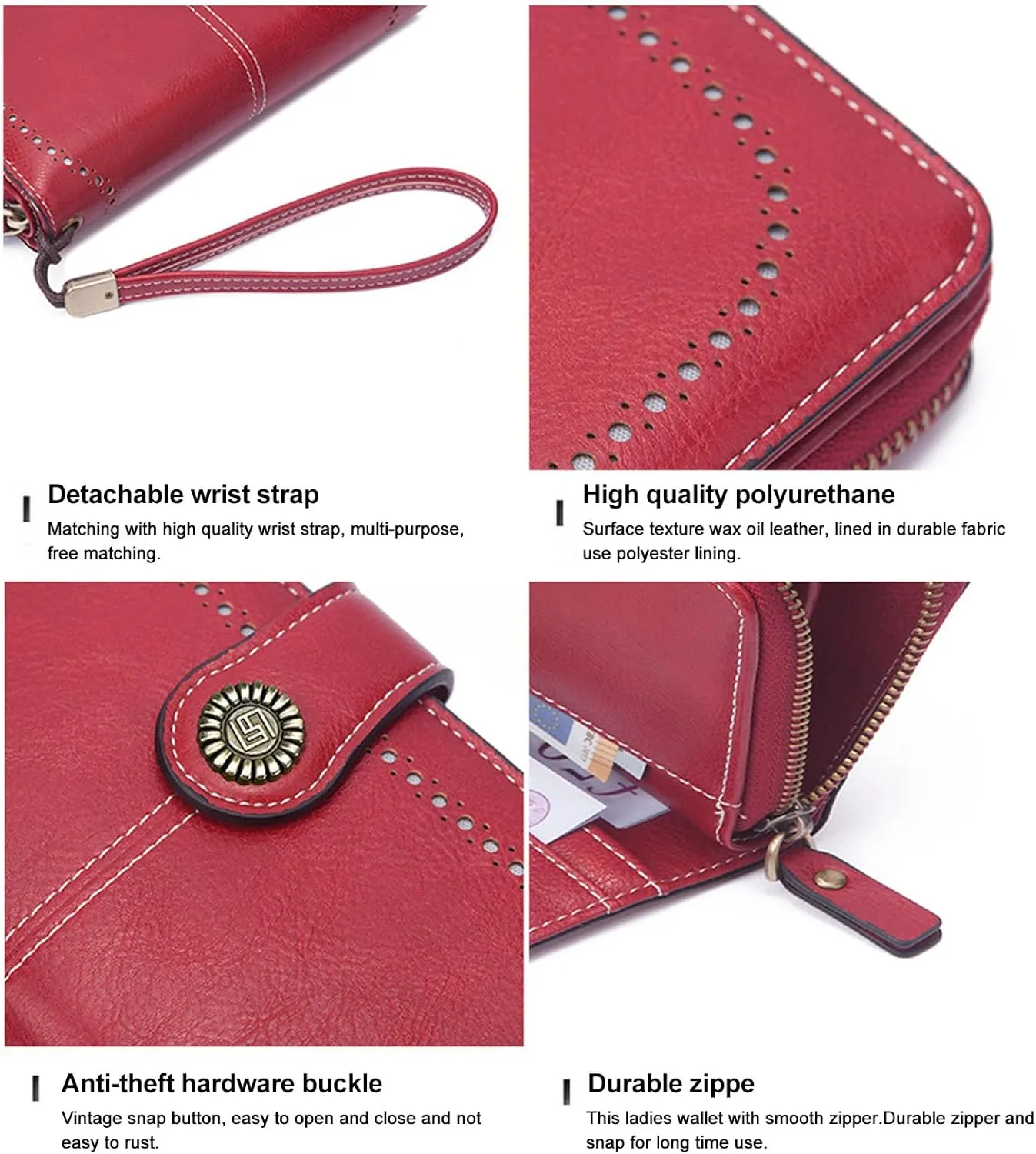 Mokoze Grey Wallet for Women, PU Leather Large Capacity Bifold Wallets with Wrist Strap and Zipper for Hold Credit Cards/Cell Phones/Keys, Girlfriends Mother's Day Gifts
