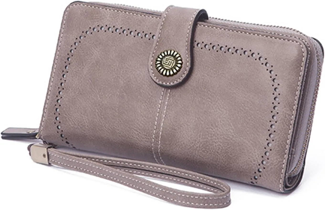 Mokoze Grey Wallet for Women, PU Leather Large Capacity Bifold Wallets with Wrist Strap and Zipper for Hold Credit Cards/Cell Phones/Keys, Girlfriends Mother's Day Gifts