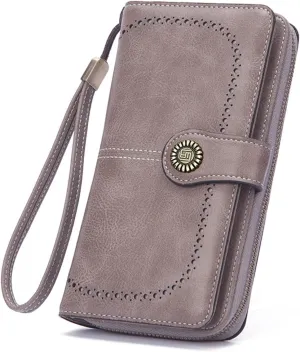 Mokoze Grey Wallet for Women, PU Leather Large Capacity Bifold Wallets with Wrist Strap and Zipper for Hold Credit Cards/Cell Phones/Keys, Girlfriends Mother's Day Gifts