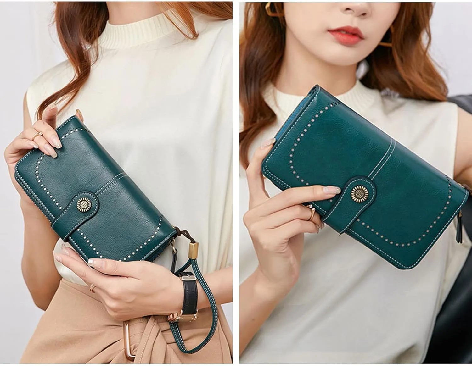 Mokoze Grey Wallet for Women, PU Leather Large Capacity Bifold Wallets with Wrist Strap and Zipper for Hold Credit Cards/Cell Phones/Keys, Girlfriends Mother's Day Gifts