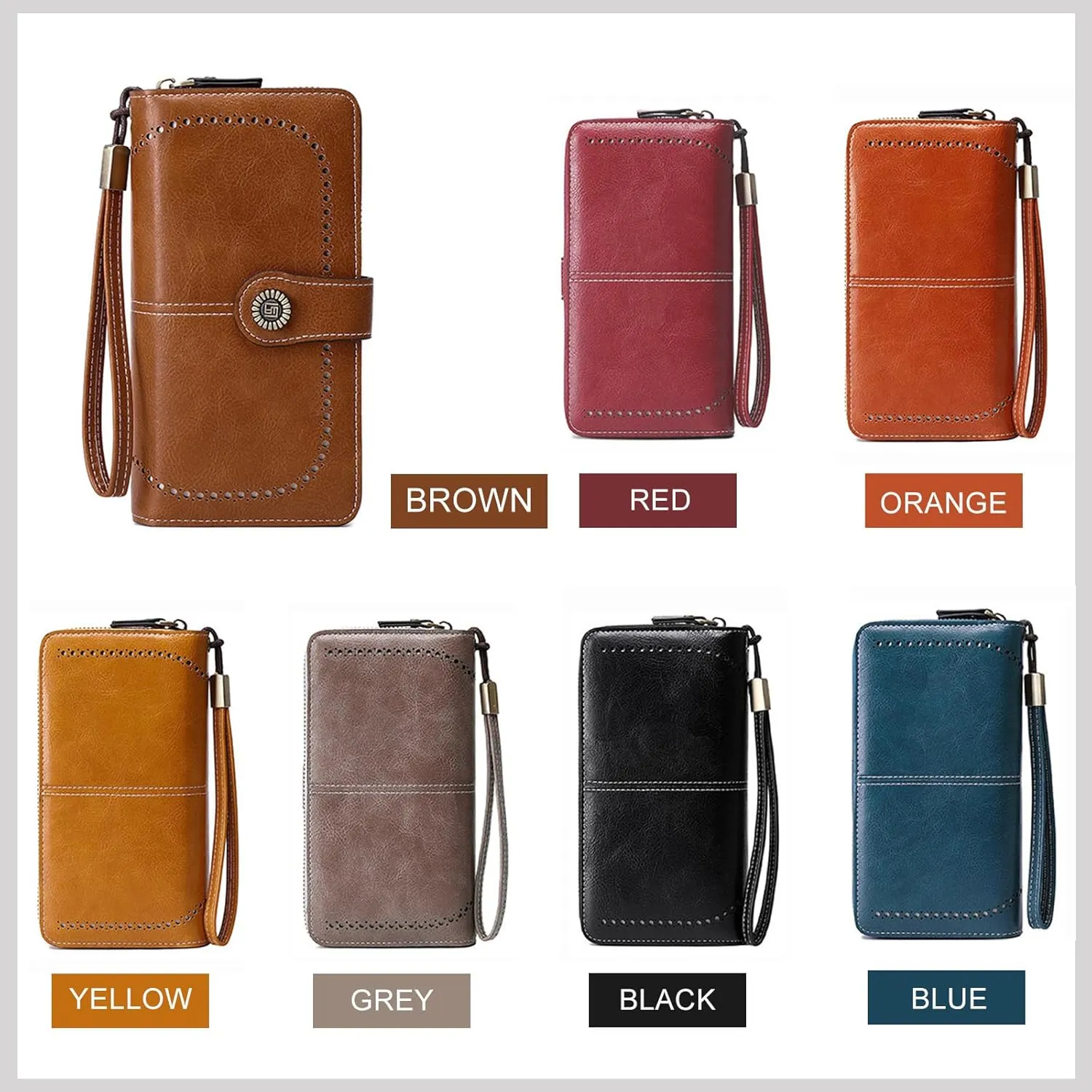 Mokoze Grey Wallet for Women, PU Leather Large Capacity Bifold Wallets with Wrist Strap and Zipper for Hold Credit Cards/Cell Phones/Keys, Girlfriends Mother's Day Gifts